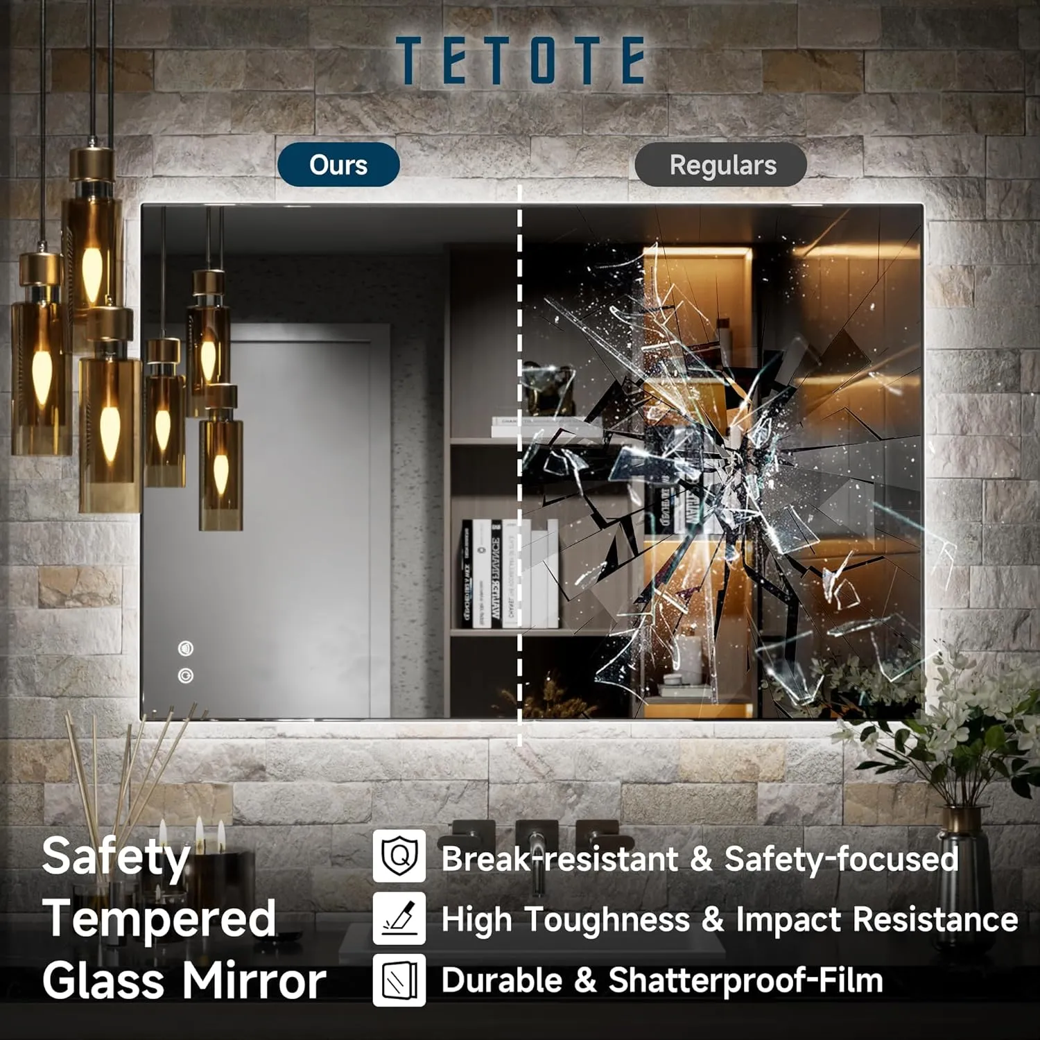 TETOTE 24 x 36 Inch LED Mirror Backlit Bathroom,Anti-Fog Mirror with Light,Dimmable,CRI90 ,IP54 Water Proof,Wall Mounted Vanity Lighted,Horizontal/Vertical
