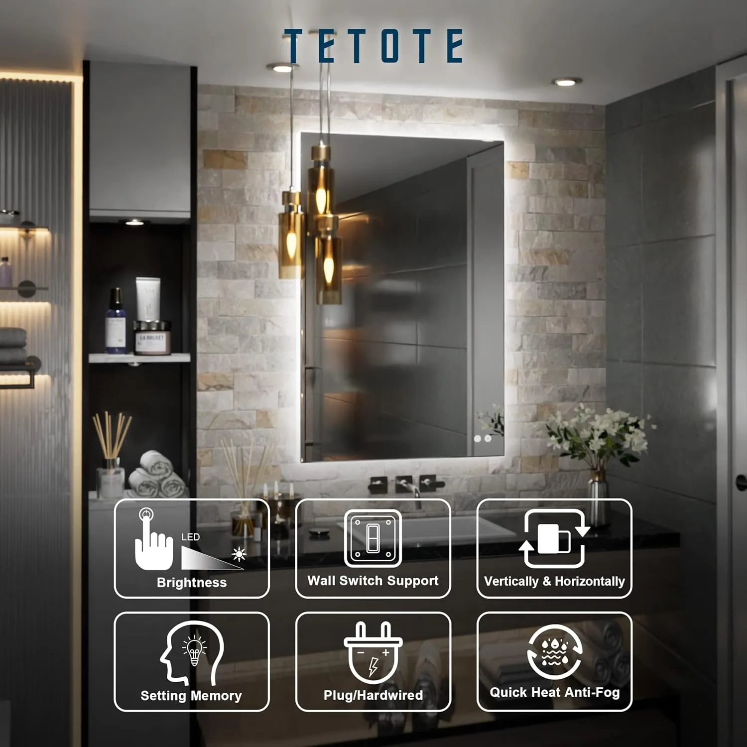 TETOTE 24 x 36 Inch LED Mirror Backlit Bathroom,Anti-Fog Mirror with Light,Dimmable,CRI90 ,IP54 Water Proof,Wall Mounted Vanity Lighted,Horizontal/Vertical