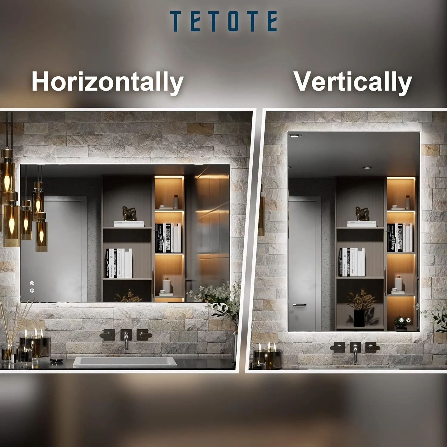 TETOTE 24 x 36 Inch LED Mirror Backlit Bathroom,Anti-Fog Mirror with Light,Dimmable,CRI90 ,IP54 Water Proof,Wall Mounted Vanity Lighted,Horizontal/Vertical