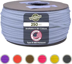The Paracord Store | Type III 550 Paracord - 250 FT Spool, White | Heavy Duty 7 Strand Tactical Paracord - USA Made Nylon Outdoor Parachute Cord for Camping, Fishing & More - Survival Cord