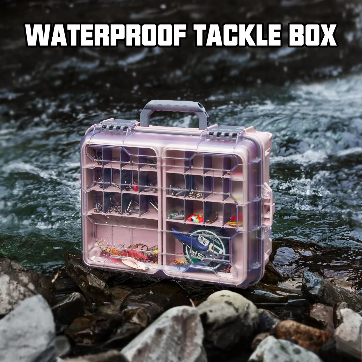 THKFISH Waterproof Tackle Box, Portable Fishing & Tackle Storage Box with Two 3500 Stowaway Boxes and Removable Dividers, Premium Tackle Box, Thicker Floating Airtight Stowaway,Pink/Green/Blue/Grey