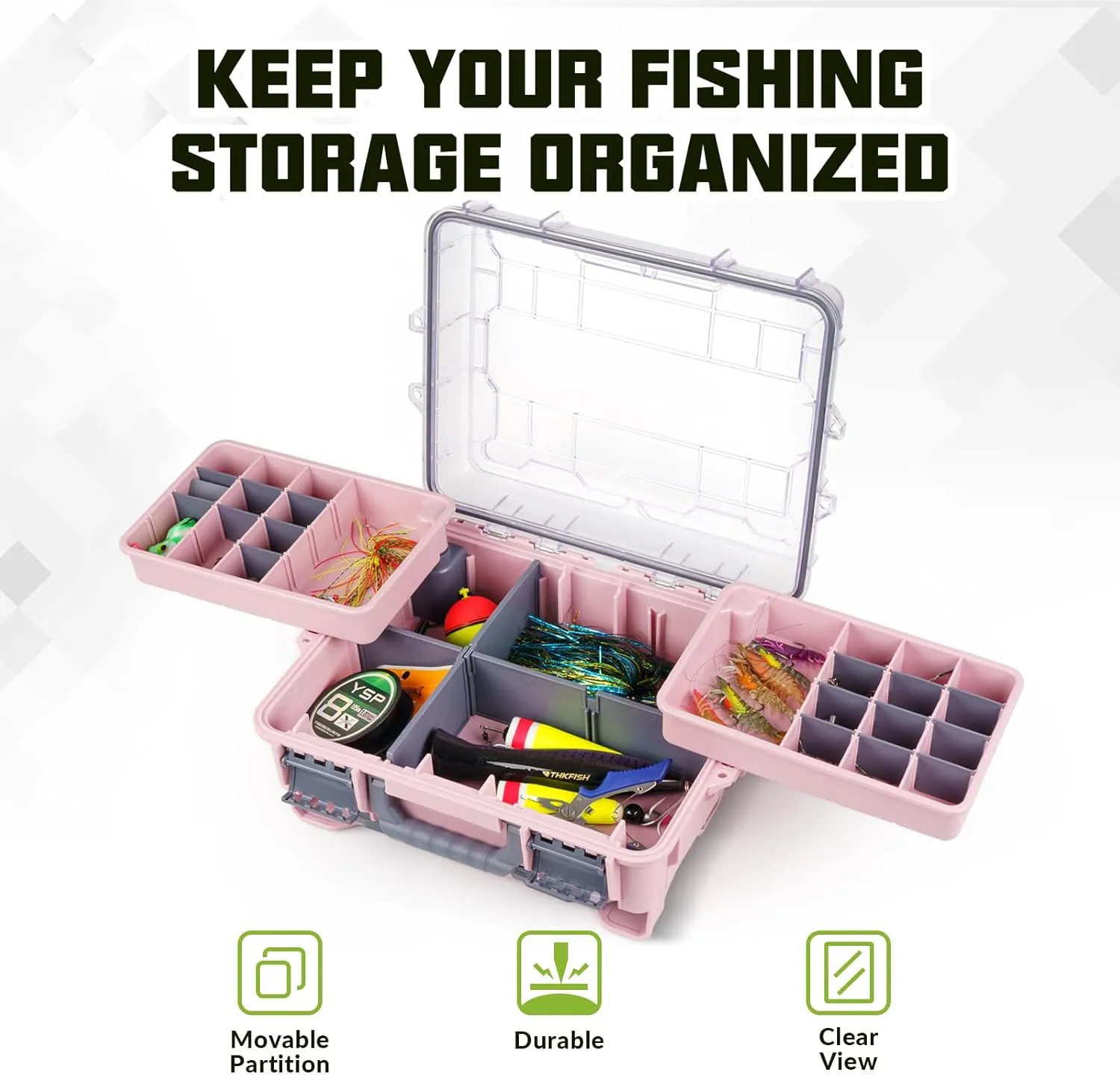 THKFISH Waterproof Tackle Box, Portable Fishing & Tackle Storage Box with Two 3500 Stowaway Boxes and Removable Dividers, Premium Tackle Box, Thicker Floating Airtight Stowaway,Pink/Green/Blue/Grey
