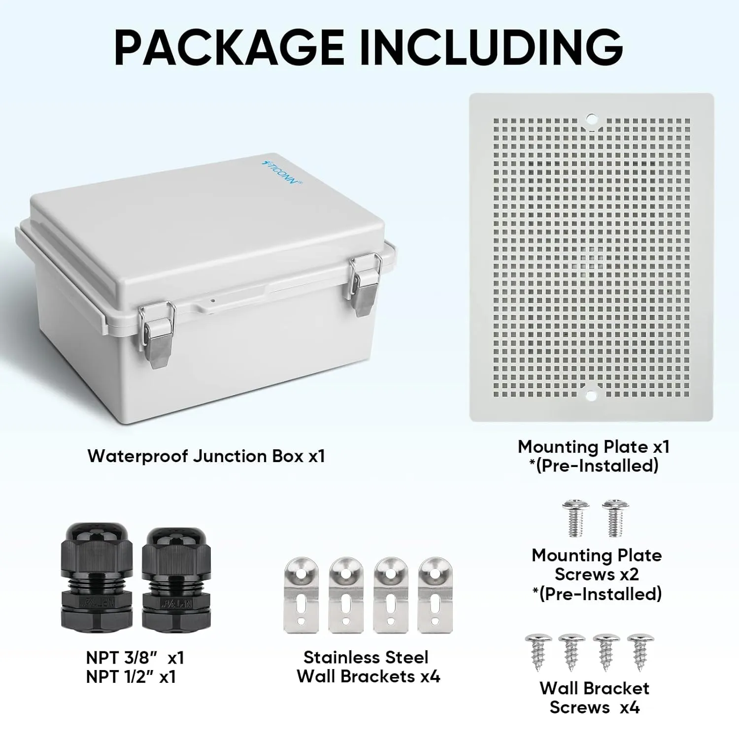 TICONN Waterproof Electrical Junction Box IP67 ABS Plastic Enclosure with Hinged Cover with Mounting Plate, Wall Brackets, Cable Glands (Off-White, 8.7"x6.7"x4.3")