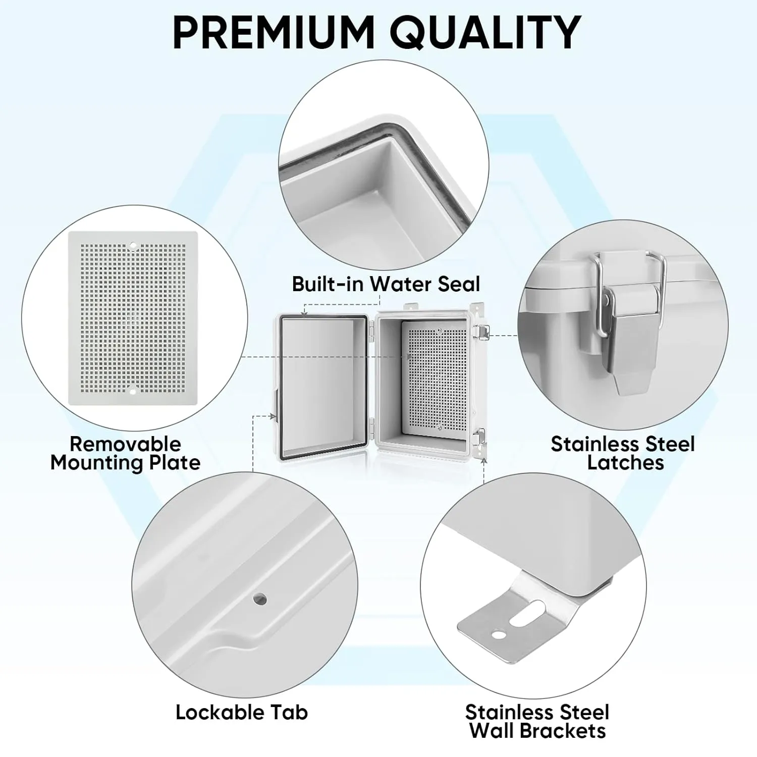 TICONN Waterproof Electrical Junction Box IP67 ABS Plastic Enclosure with Hinged Cover with Mounting Plate, Wall Brackets, Cable Glands (Off-White, 8.7"x6.7"x4.3")