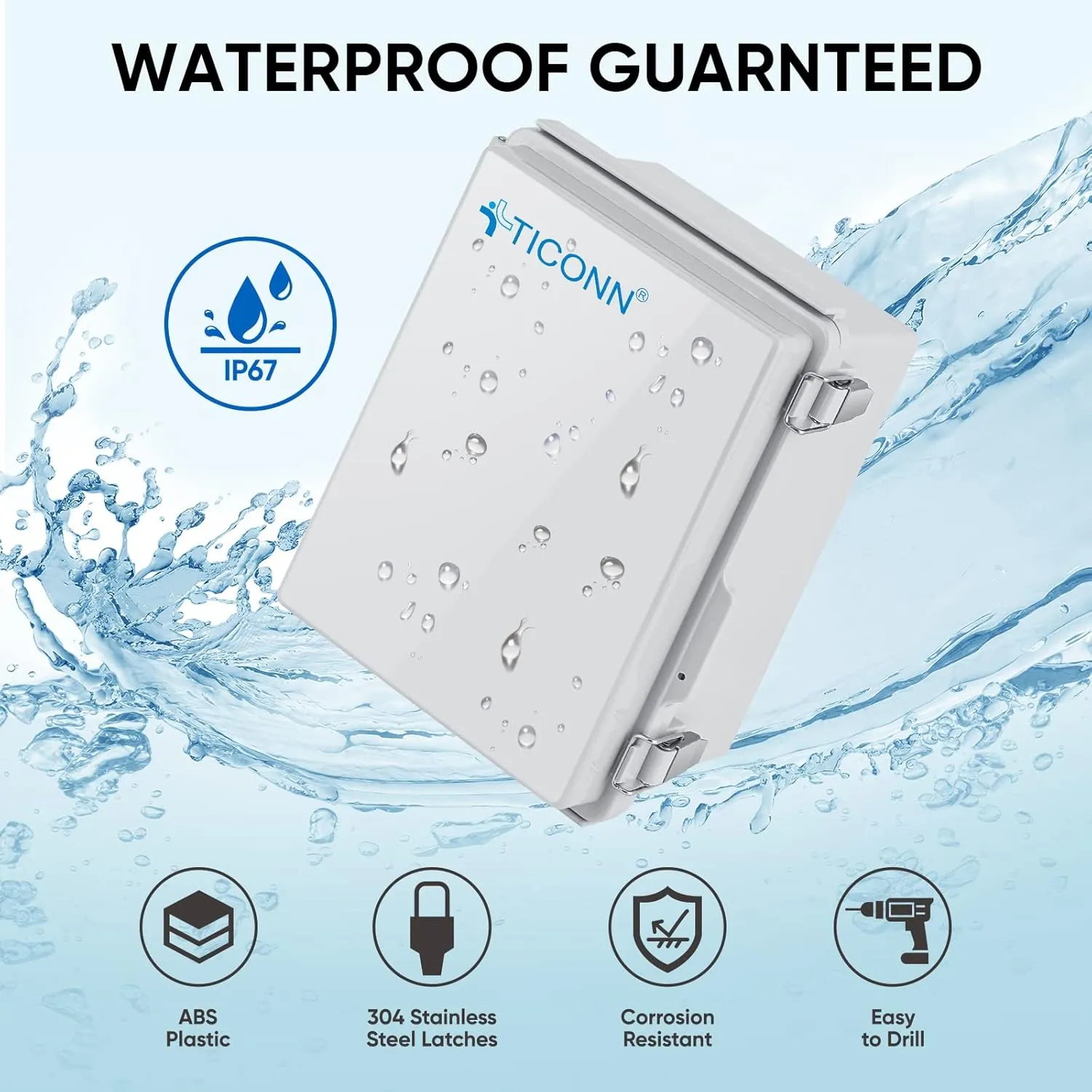 TICONN Waterproof Electrical Junction Box IP67 ABS Plastic Enclosure with Hinged Cover with Mounting Plate, Wall Brackets, Cable Glands (Off-White, 8.7"x6.7"x4.3")