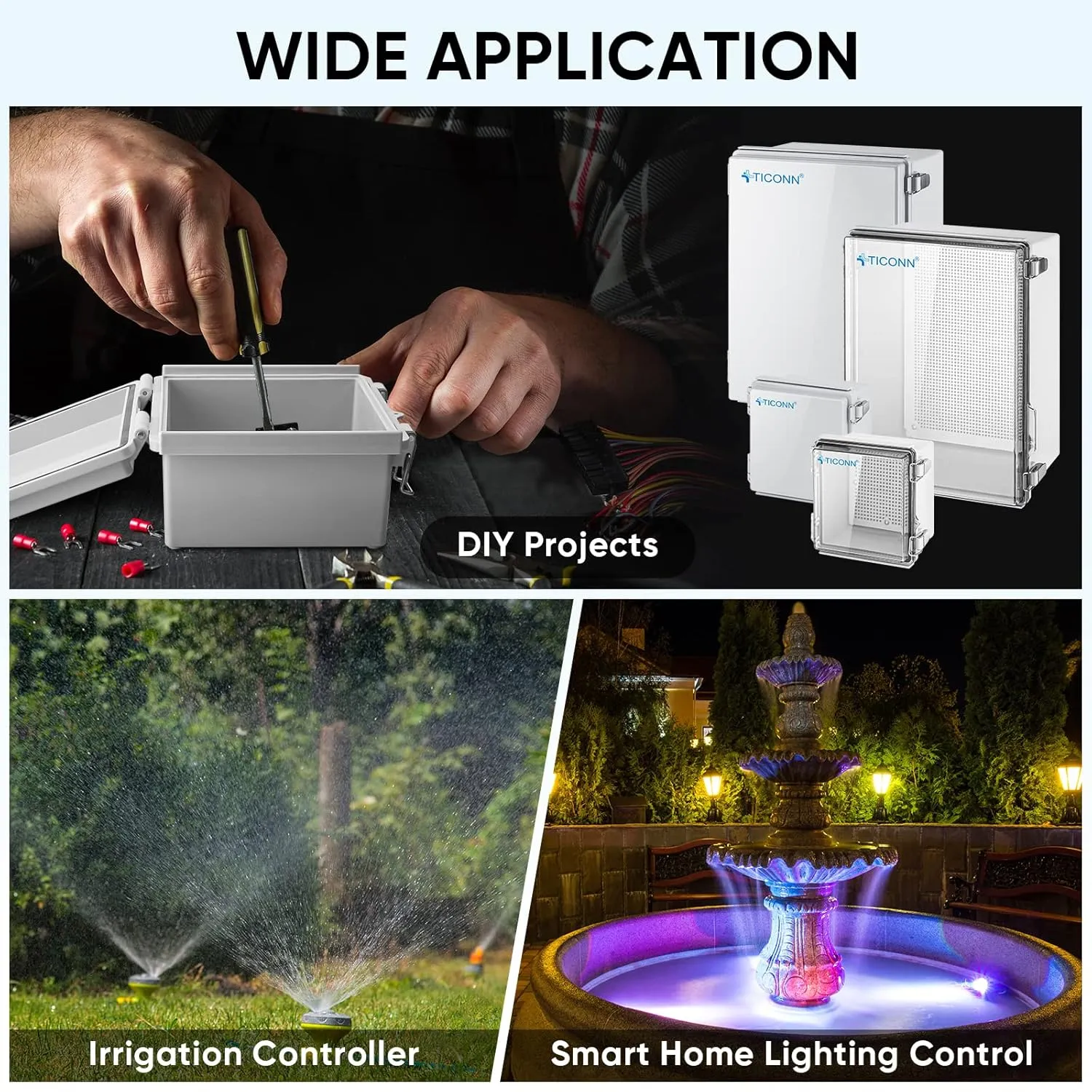 TICONN Waterproof Electrical Junction Box IP67 ABS Plastic Enclosure with Hinged Cover with Mounting Plate, Wall Brackets, Cable Glands (Off-White, 8.7"x6.7"x4.3")