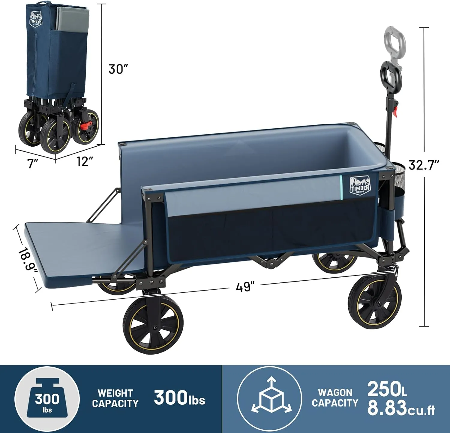 TIMBER RIDGE 49" Extra Long Collapsible Folding Wagon with Tailgate and Brakes, 300lbs Heavy Duty Foldable Wagon with Adjustable Handle, 250L Capacity Portable Cart for Outdoor Camping Sports, Blue