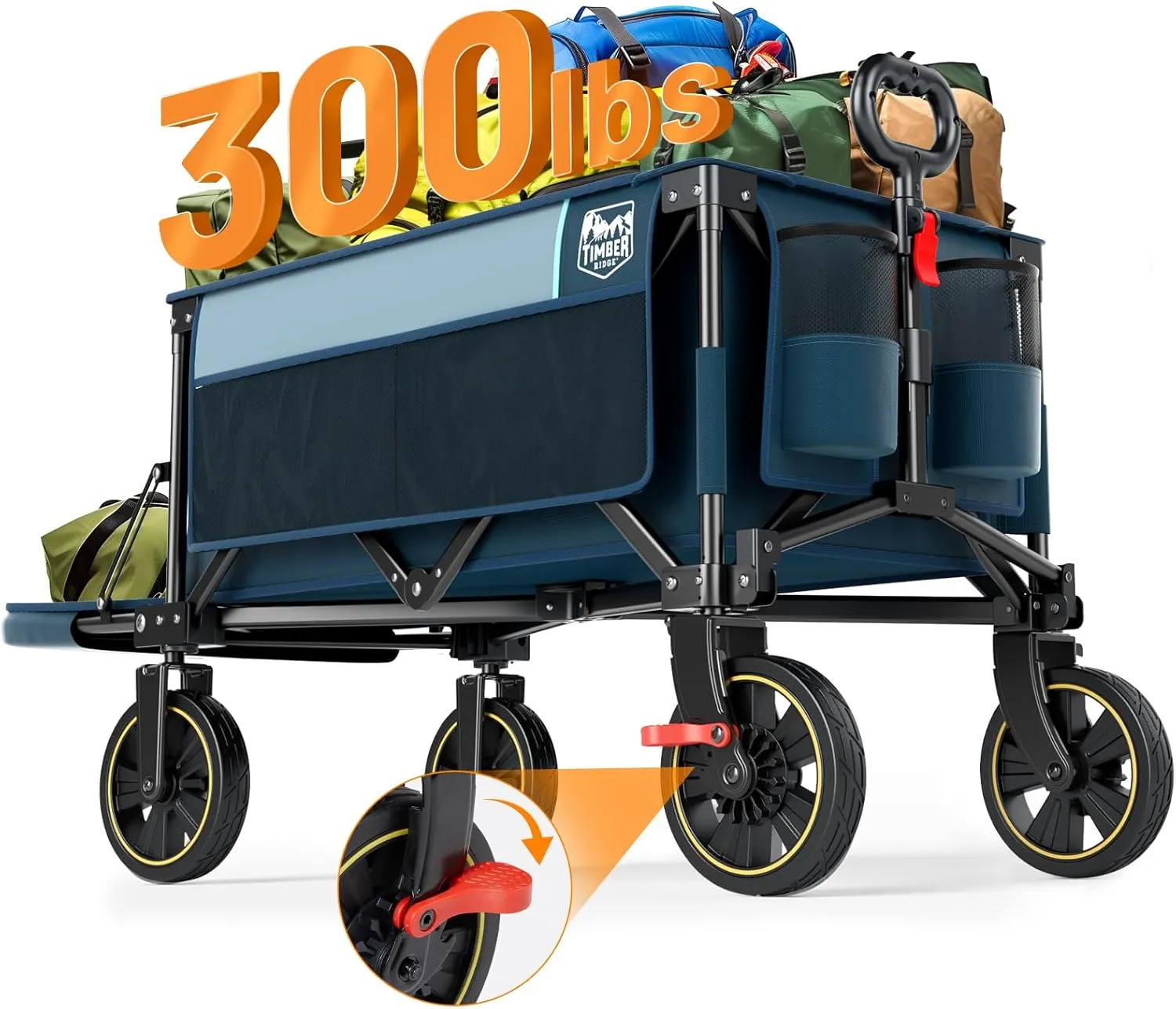 TIMBER RIDGE 49" Extra Long Collapsible Folding Wagon with Tailgate and Brakes, 300lbs Heavy Duty Foldable Wagon with Adjustable Handle, 250L Capacity Portable Cart for Outdoor Camping Sports, Blue