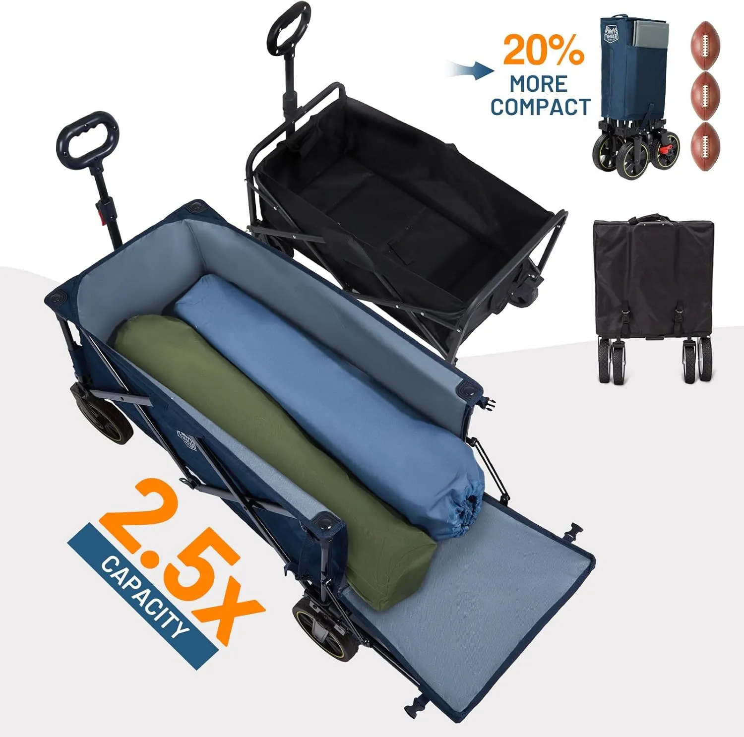 TIMBER RIDGE 49" Extra Long Collapsible Folding Wagon with Tailgate and Brakes, 300lbs Heavy Duty Foldable Wagon with Adjustable Handle, 250L Capacity Portable Cart for Outdoor Camping Sports, Blue