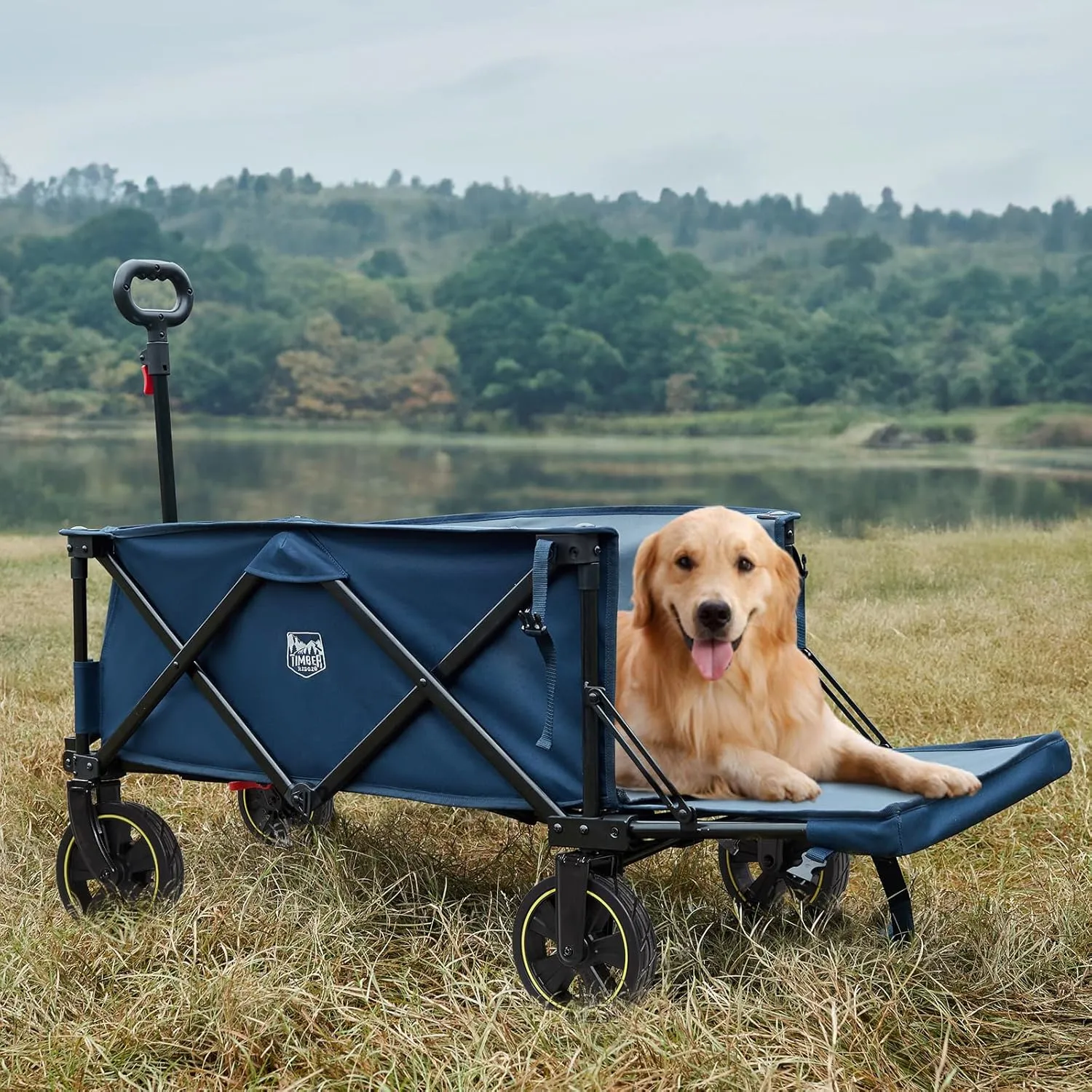 TIMBER RIDGE 49" Extra Long Collapsible Folding Wagon with Tailgate and Brakes, 300lbs Heavy Duty Foldable Wagon with Adjustable Handle, 250L Capacity Portable Cart for Outdoor Camping Sports, Blue