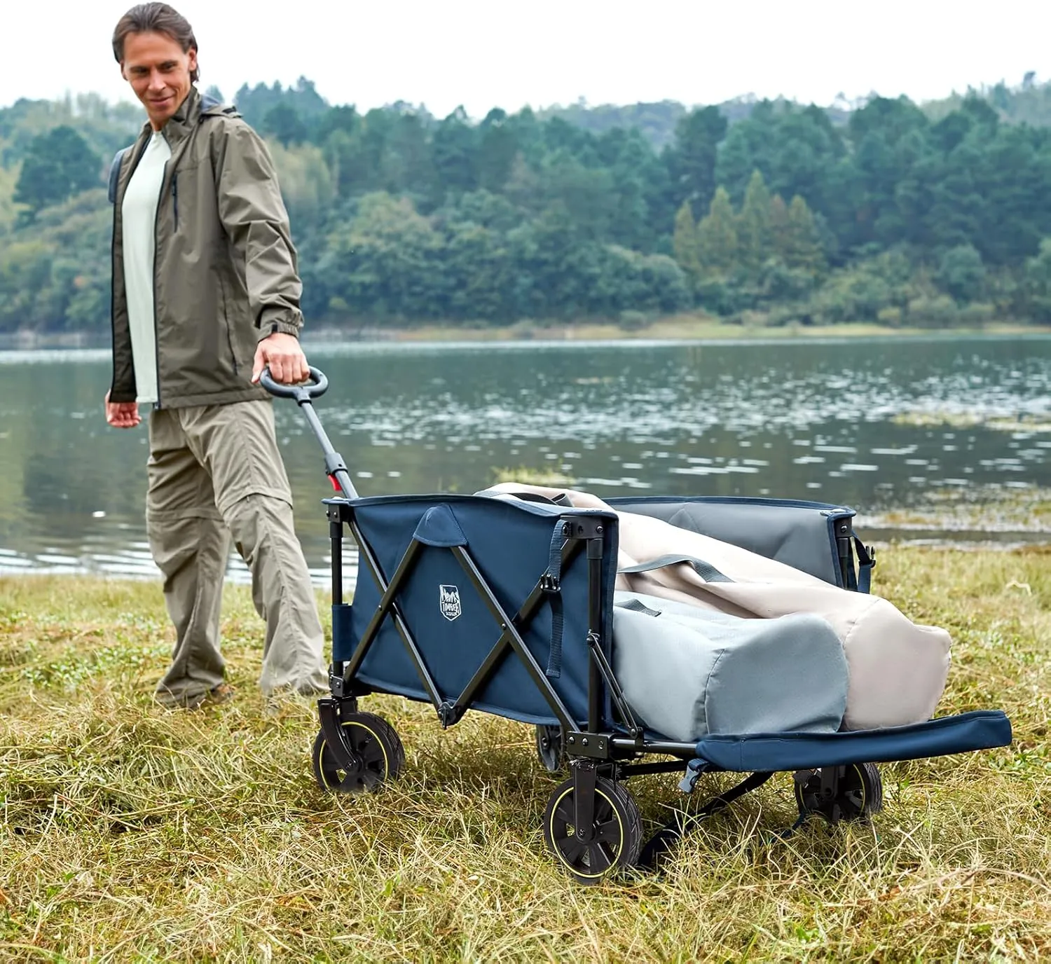 TIMBER RIDGE 49" Extra Long Collapsible Folding Wagon with Tailgate and Brakes, 300lbs Heavy Duty Foldable Wagon with Adjustable Handle, 250L Capacity Portable Cart for Outdoor Camping Sports, Blue