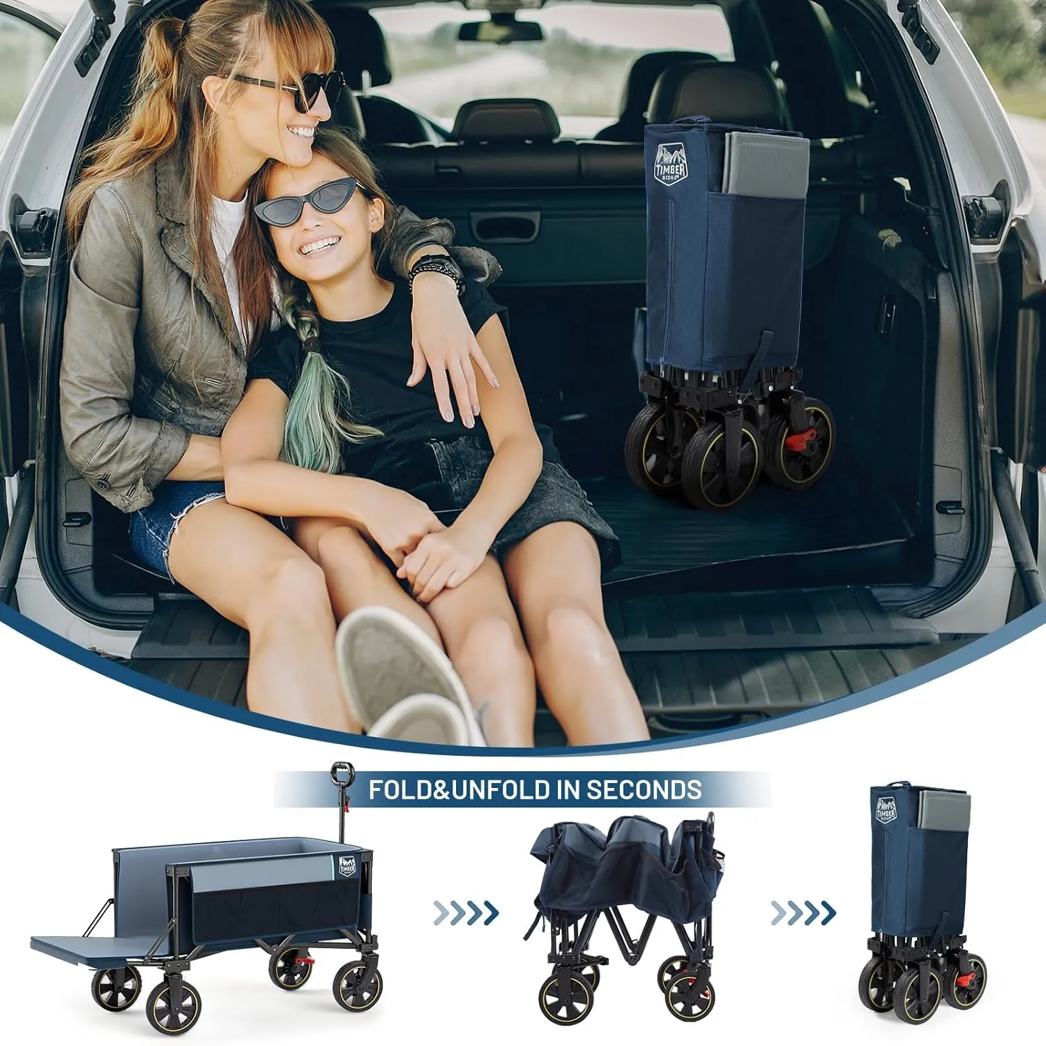 TIMBER RIDGE 49" Extra Long Collapsible Folding Wagon with Tailgate and Brakes, 300lbs Heavy Duty Foldable Wagon with Adjustable Handle, 250L Capacity Portable Cart for Outdoor Camping Sports, Blue