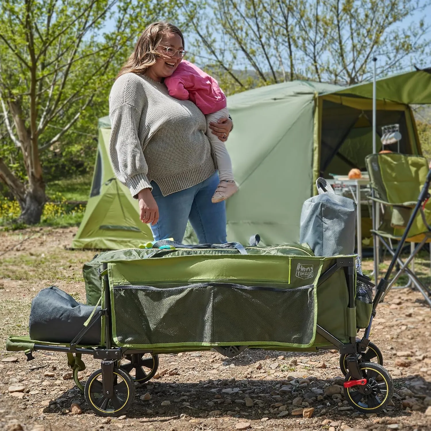 TIMBER RIDGE 49" Extra Long Collapsible Folding Wagon with Tailgate and Brakes, 300lbs Heavy Duty Foldable Wagon with Adjustable Handle, 250L Capacity Portable Cart for Outdoor Camping Sports, Green