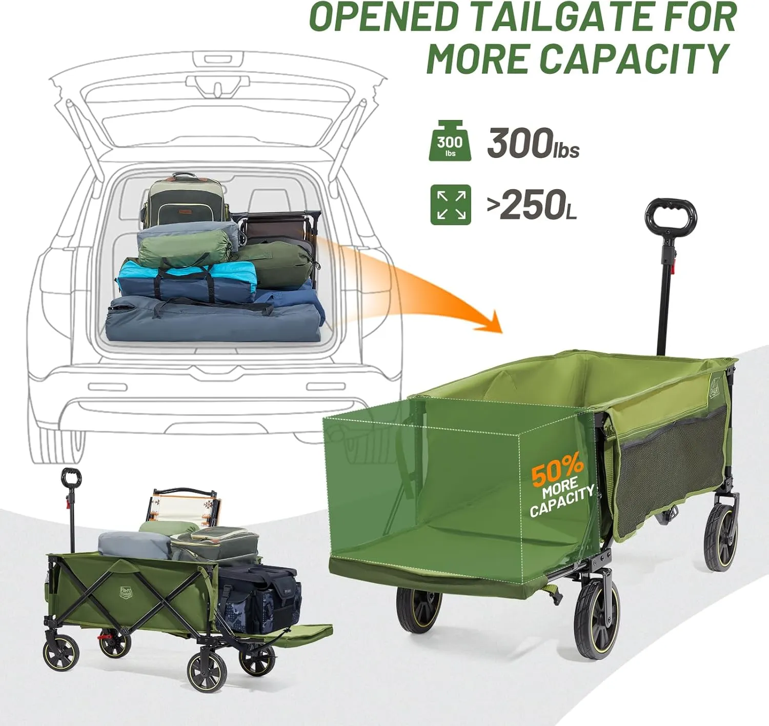 TIMBER RIDGE 49" Extra Long Collapsible Folding Wagon with Tailgate and Brakes, 300lbs Heavy Duty Foldable Wagon with Adjustable Handle, 250L Capacity Portable Cart for Outdoor Camping Sports, Green