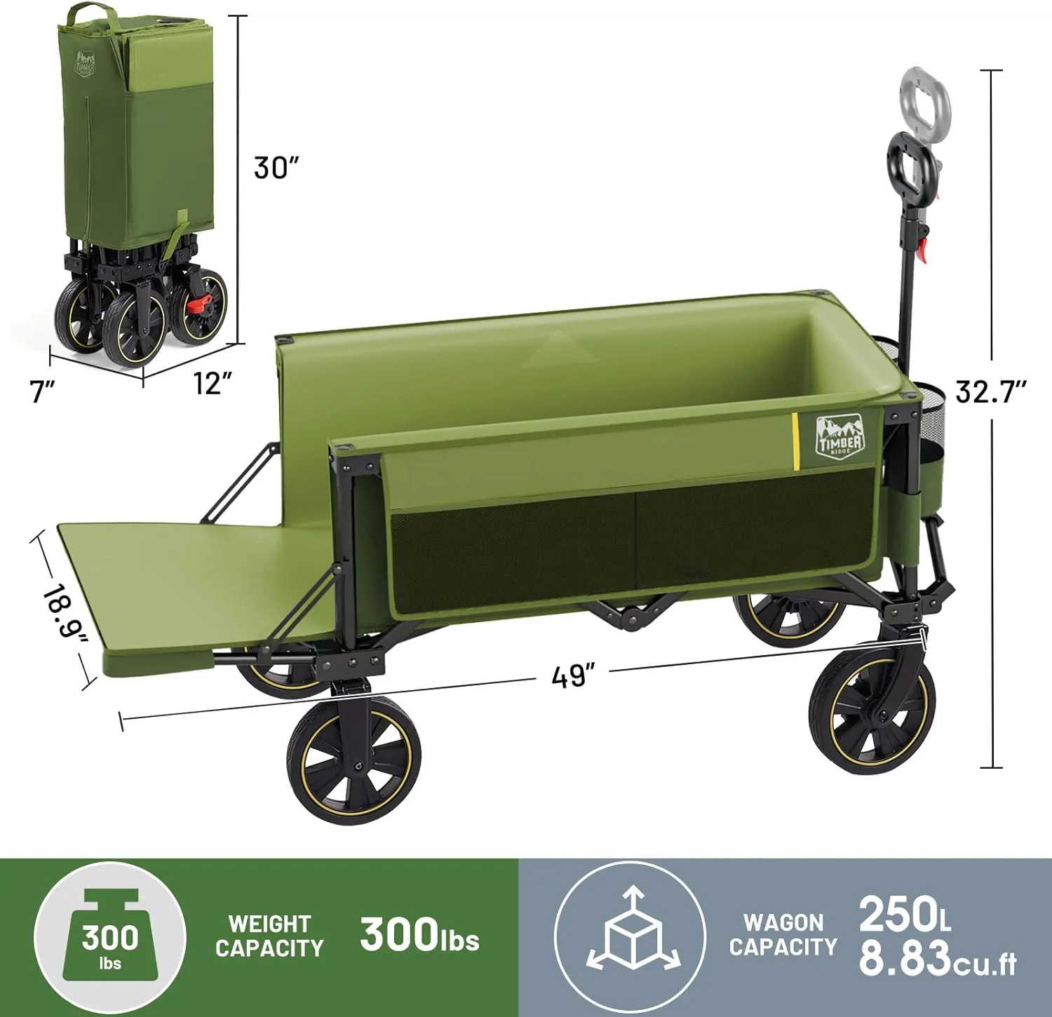 TIMBER RIDGE 49" Extra Long Collapsible Folding Wagon with Tailgate and Brakes, 300lbs Heavy Duty Foldable Wagon with Adjustable Handle, 250L Capacity Portable Cart for Outdoor Camping Sports, Green
