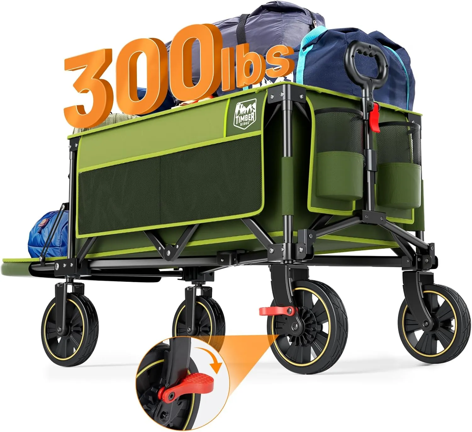 TIMBER RIDGE 49" Extra Long Collapsible Folding Wagon with Tailgate and Brakes, 300lbs Heavy Duty Foldable Wagon with Adjustable Handle, 250L Capacity Portable Cart for Outdoor Camping Sports, Green