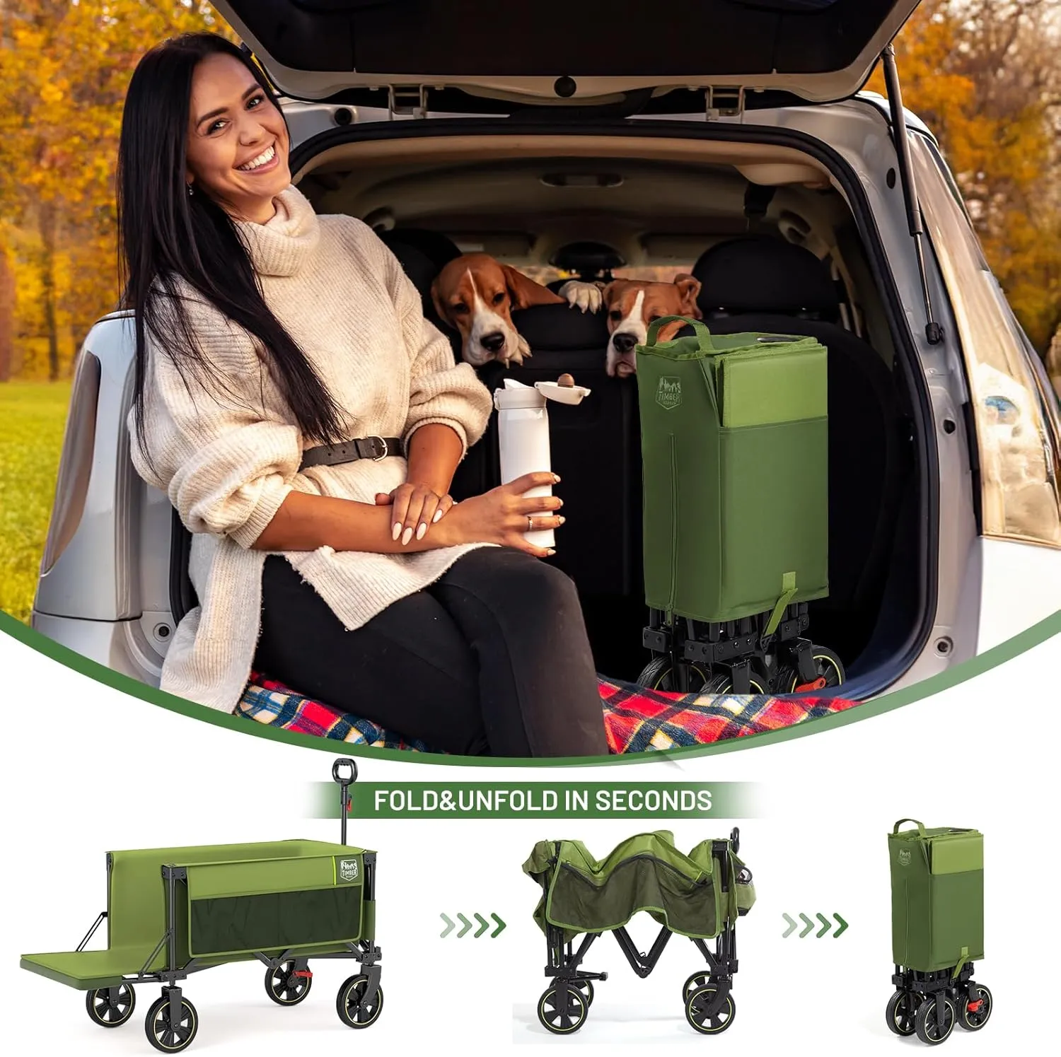 TIMBER RIDGE 49" Extra Long Collapsible Folding Wagon with Tailgate and Brakes, 300lbs Heavy Duty Foldable Wagon with Adjustable Handle, 250L Capacity Portable Cart for Outdoor Camping Sports, Green