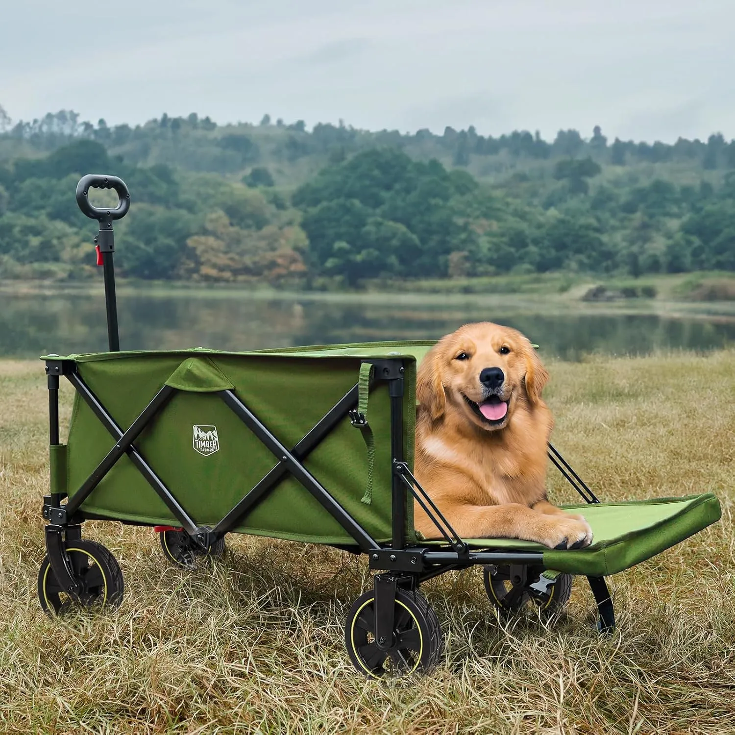 TIMBER RIDGE 49" Extra Long Collapsible Folding Wagon with Tailgate and Brakes, 300lbs Heavy Duty Foldable Wagon with Adjustable Handle, 250L Capacity Portable Cart for Outdoor Camping Sports, Green