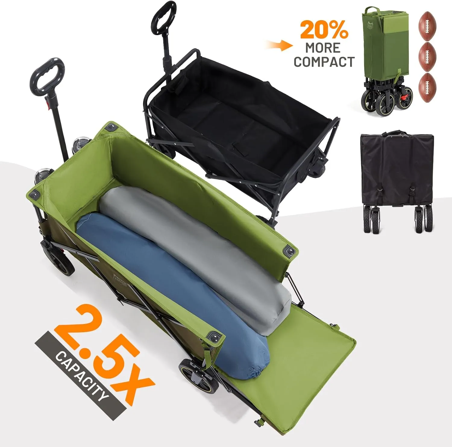TIMBER RIDGE 49" Extra Long Collapsible Folding Wagon with Tailgate and Brakes, 300lbs Heavy Duty Foldable Wagon with Adjustable Handle, 250L Capacity Portable Cart for Outdoor Camping Sports, Green
