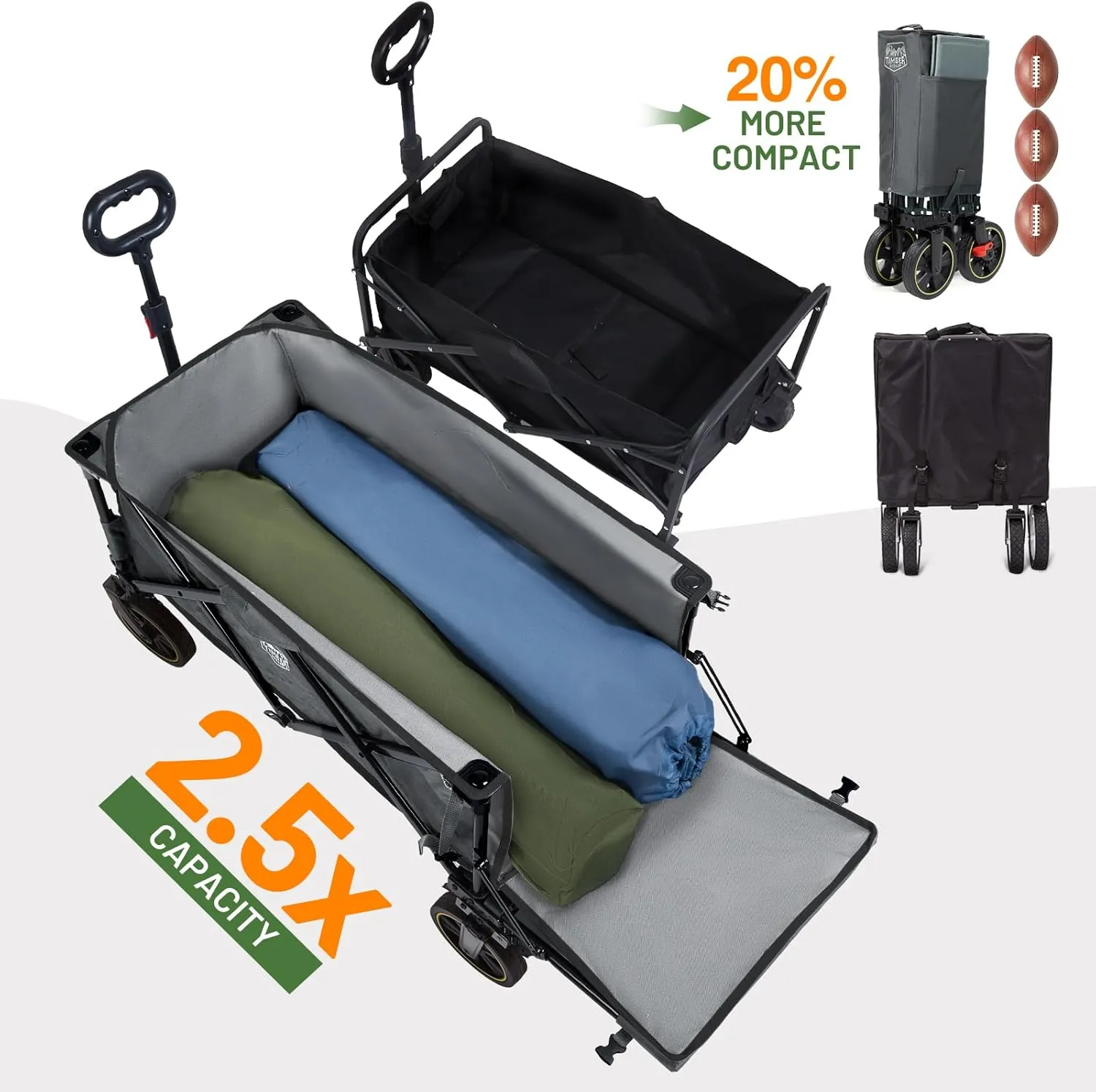 TIMBER RIDGE 49" Extra Long Collapsible Folding Wagon with Tailgate and Brakes, 300lbs Heavy Duty Foldable Wagon with Adjustable Handle, 250L Capacity Portable Cart for Outdoor Camping Sports, Grey