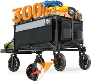 TIMBER RIDGE 49" Extra Long Collapsible Folding Wagon with Tailgate and Brakes, 300lbs Heavy Duty Foldable Wagon with Adjustable Handle, 250L Capacity Portable Cart for Outdoor Camping Sports, Grey