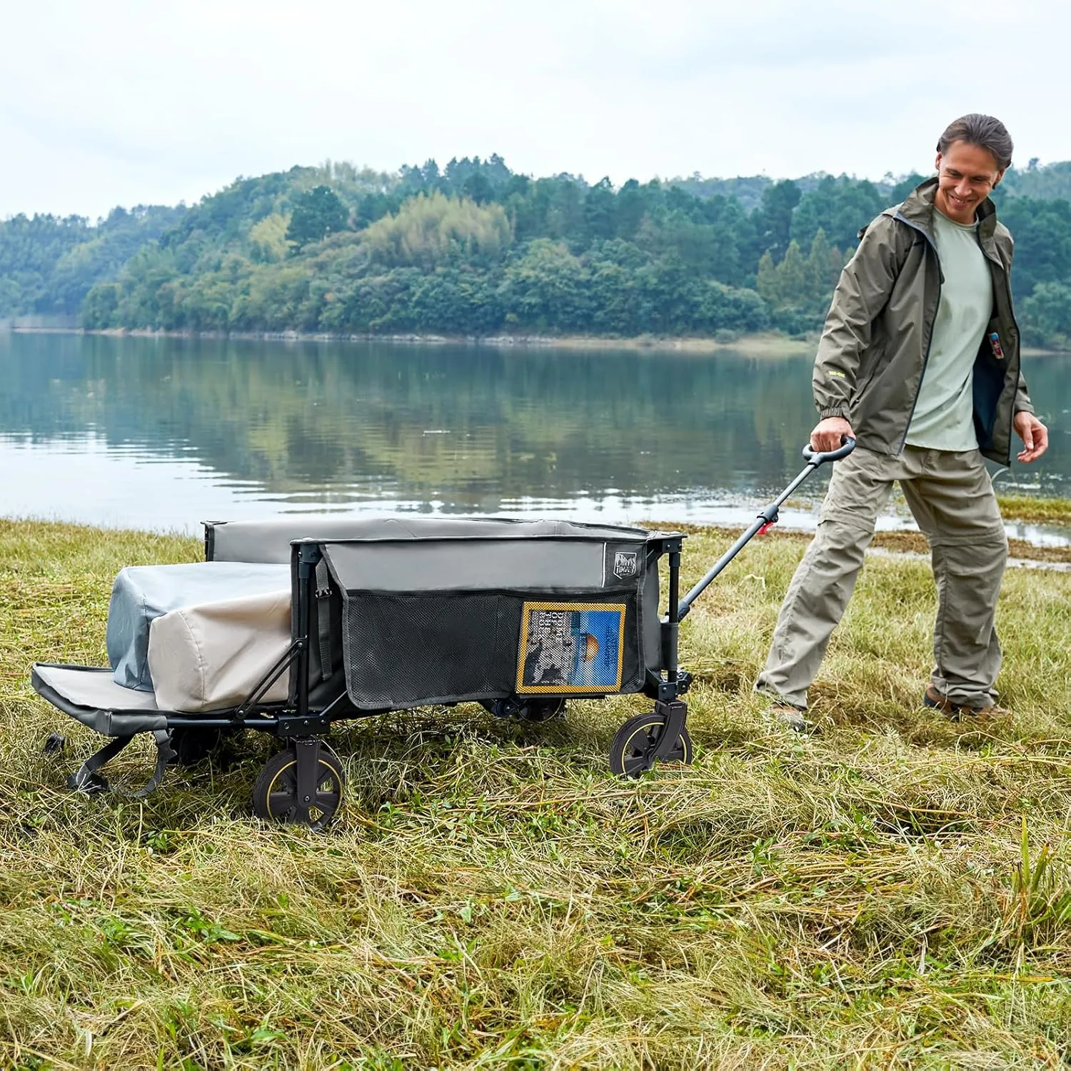 TIMBER RIDGE 49" Extra Long Collapsible Folding Wagon with Tailgate and Brakes, 300lbs Heavy Duty Foldable Wagon with Adjustable Handle, 250L Capacity Portable Cart for Outdoor Camping Sports, Grey