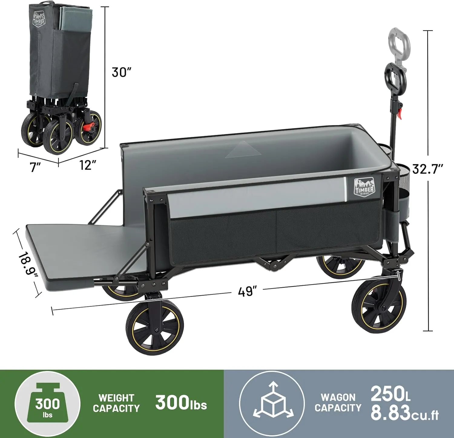 TIMBER RIDGE 49" Extra Long Collapsible Folding Wagon with Tailgate and Brakes, 300lbs Heavy Duty Foldable Wagon with Adjustable Handle, 250L Capacity Portable Cart for Outdoor Camping Sports, Grey