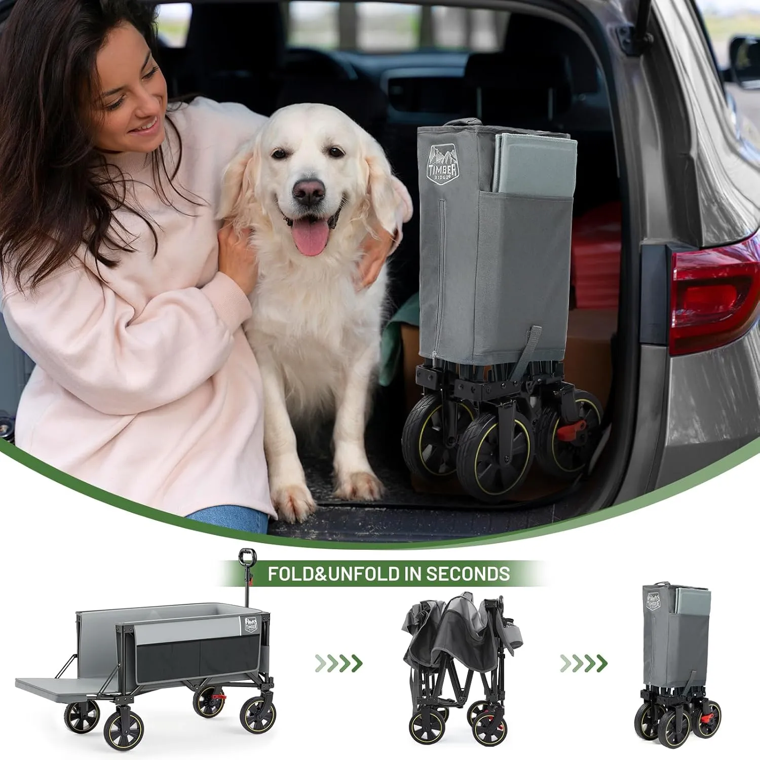 TIMBER RIDGE 49" Extra Long Collapsible Folding Wagon with Tailgate and Brakes, 300lbs Heavy Duty Foldable Wagon with Adjustable Handle, 250L Capacity Portable Cart for Outdoor Camping Sports, Grey