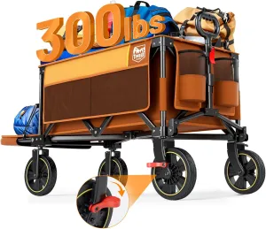 TIMBER RIDGE 49" Extra Long Collapsible Folding Wagon with Tailgate and Brakes, 300lbs Heavy Duty Foldable Wagon with Adjustable Handle, 250L Capacity Portable Cart for Outdoor Camping Sports, Orange
