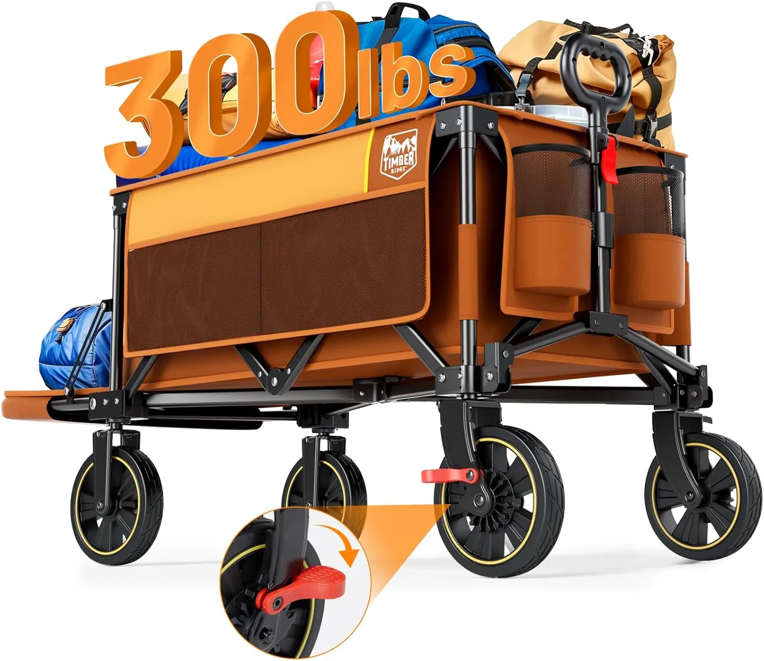 TIMBER RIDGE 49" Extra Long Collapsible Folding Wagon with Tailgate and Brakes, 300lbs Heavy Duty Foldable Wagon with Adjustable Handle, 250L Capacity Portable Cart for Outdoor Camping Sports, Orange