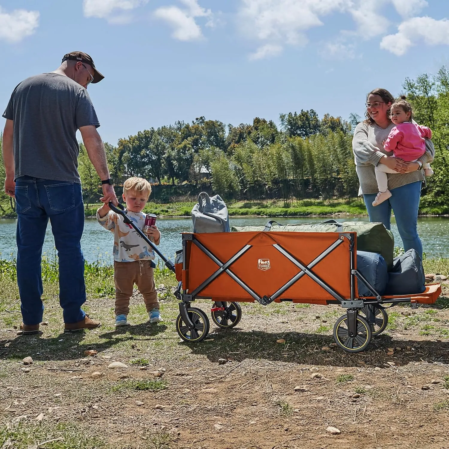 TIMBER RIDGE 49" Extra Long Collapsible Folding Wagon with Tailgate and Brakes, 300lbs Heavy Duty Foldable Wagon with Adjustable Handle, 250L Capacity Portable Cart for Outdoor Camping Sports, Orange