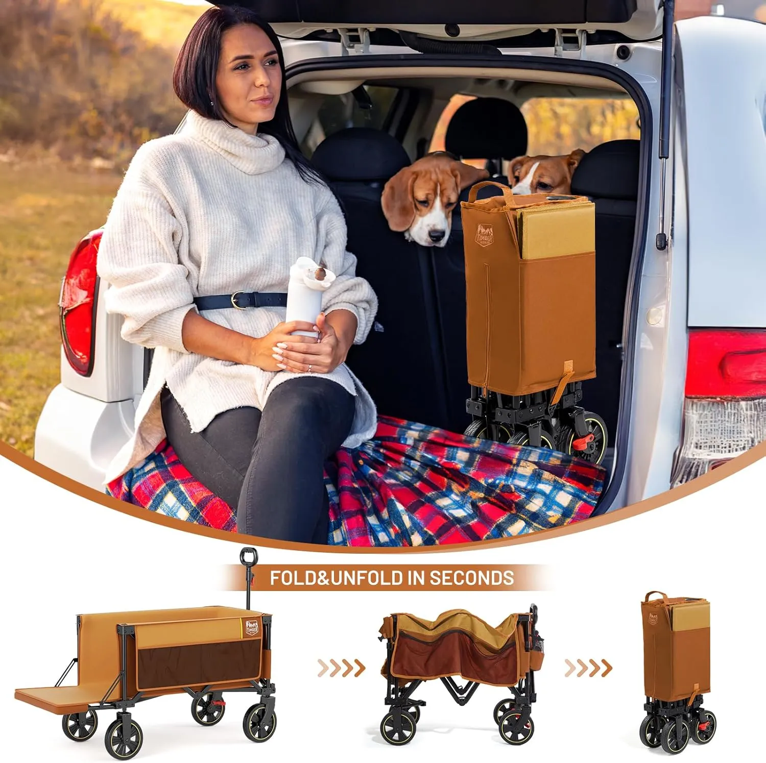 TIMBER RIDGE 49" Extra Long Collapsible Folding Wagon with Tailgate and Brakes, 300lbs Heavy Duty Foldable Wagon with Adjustable Handle, 250L Capacity Portable Cart for Outdoor Camping Sports, Orange