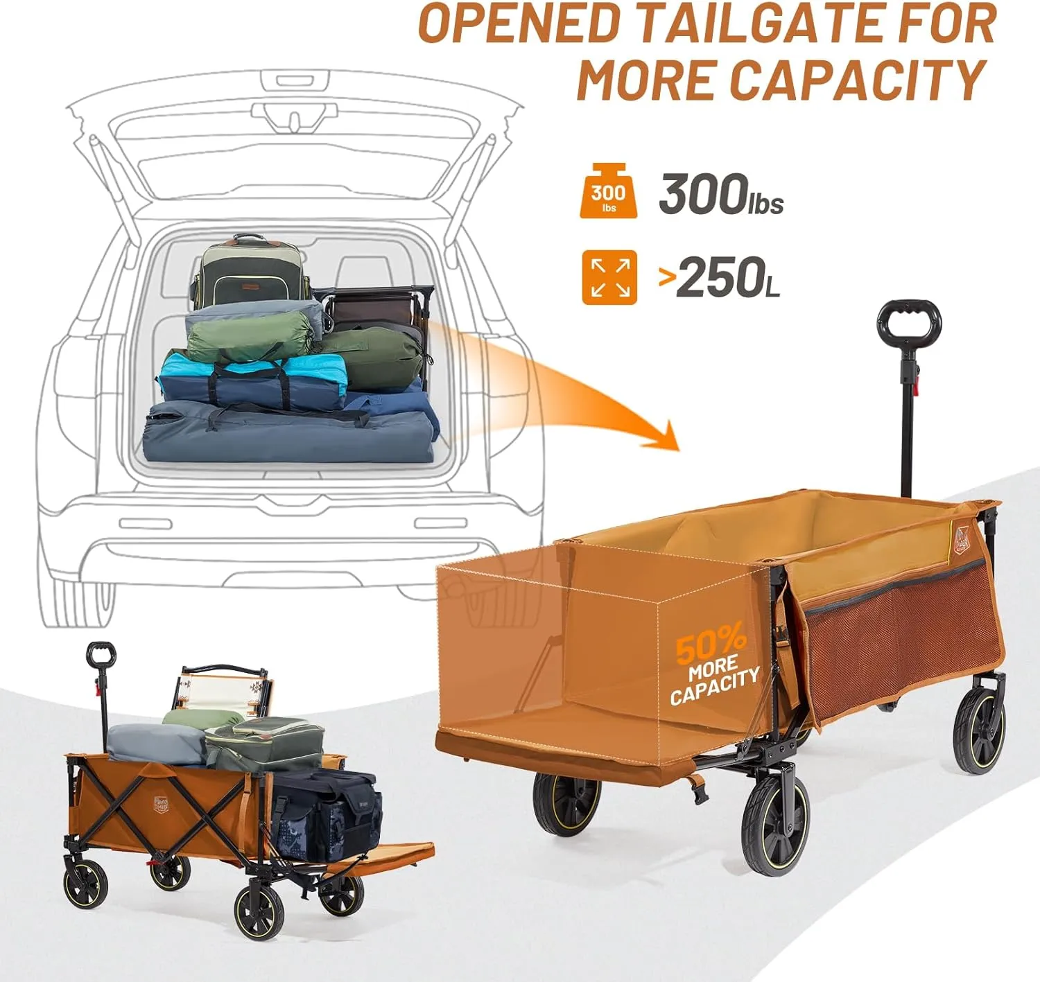 TIMBER RIDGE 49" Extra Long Collapsible Folding Wagon with Tailgate and Brakes, 300lbs Heavy Duty Foldable Wagon with Adjustable Handle, 250L Capacity Portable Cart for Outdoor Camping Sports, Orange