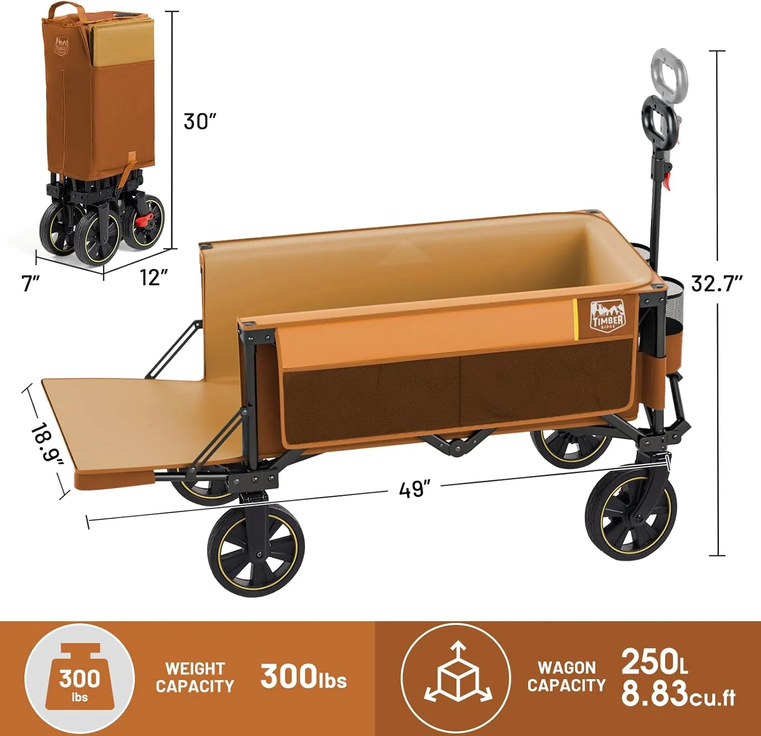 TIMBER RIDGE 49" Extra Long Collapsible Folding Wagon with Tailgate and Brakes, 300lbs Heavy Duty Foldable Wagon with Adjustable Handle, 250L Capacity Portable Cart for Outdoor Camping Sports, Orange