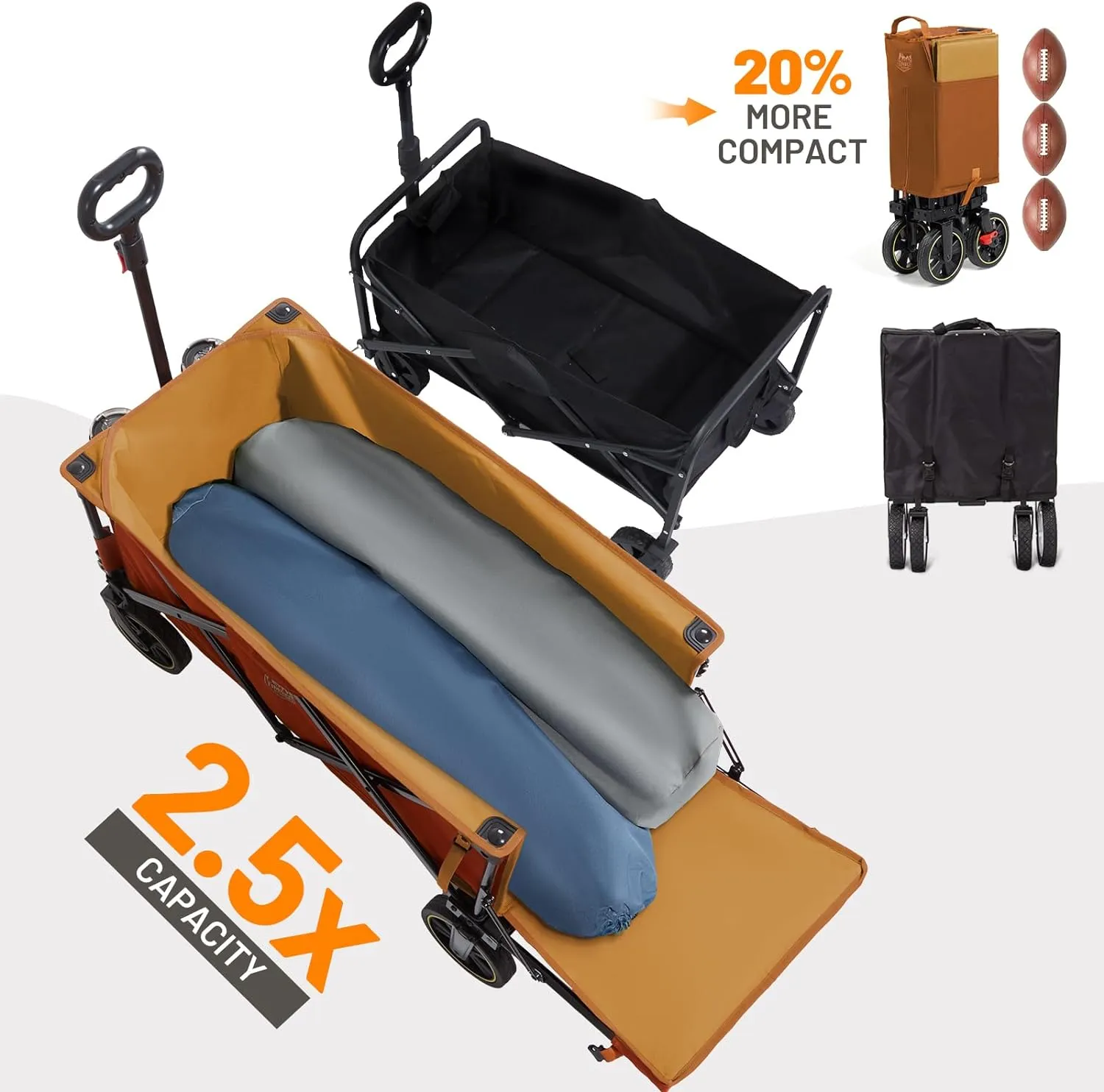 TIMBER RIDGE 49" Extra Long Collapsible Folding Wagon with Tailgate and Brakes, 300lbs Heavy Duty Foldable Wagon with Adjustable Handle, 250L Capacity Portable Cart for Outdoor Camping Sports, Orange
