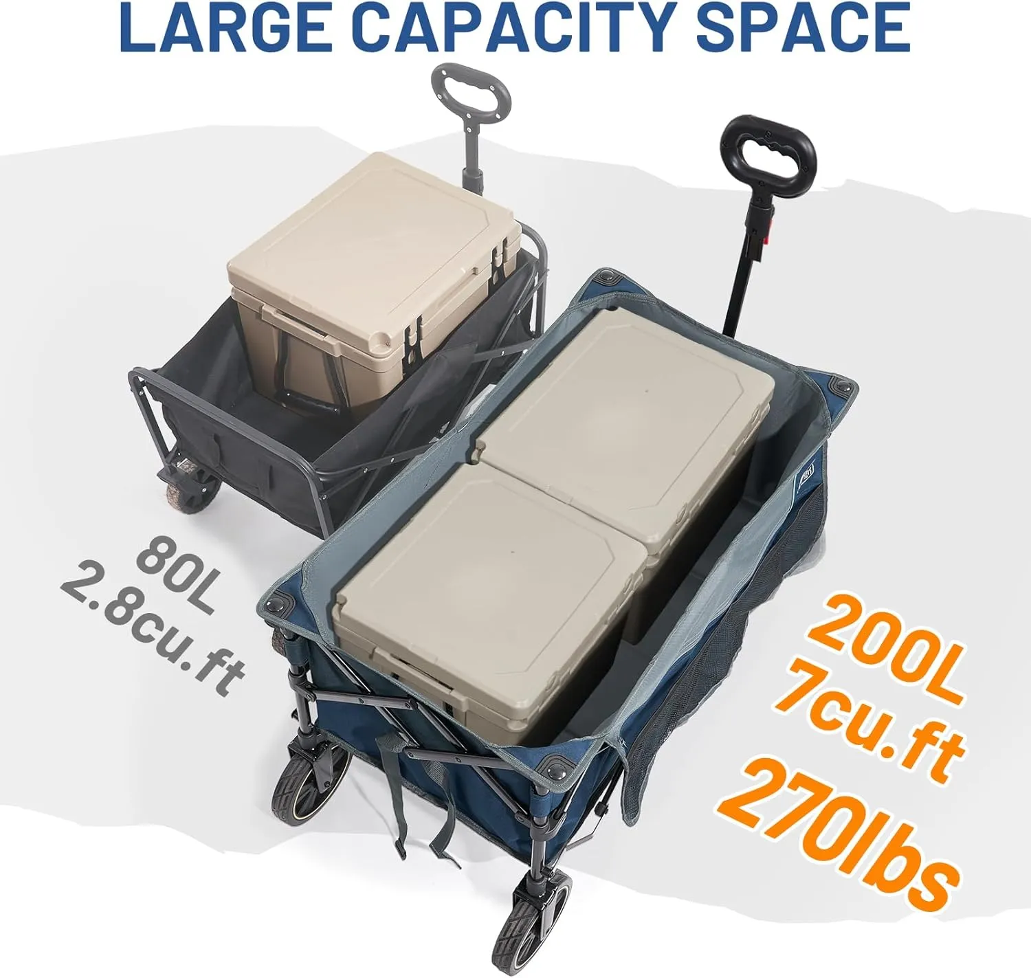 TIMBER RIDGE Collapsible Wagon Cart with Brakes, 200L Large Capacity Compact Portable Easy to Carry Folding Wagon, Utility Grocery Cart for Camping, Gardening, Shopping