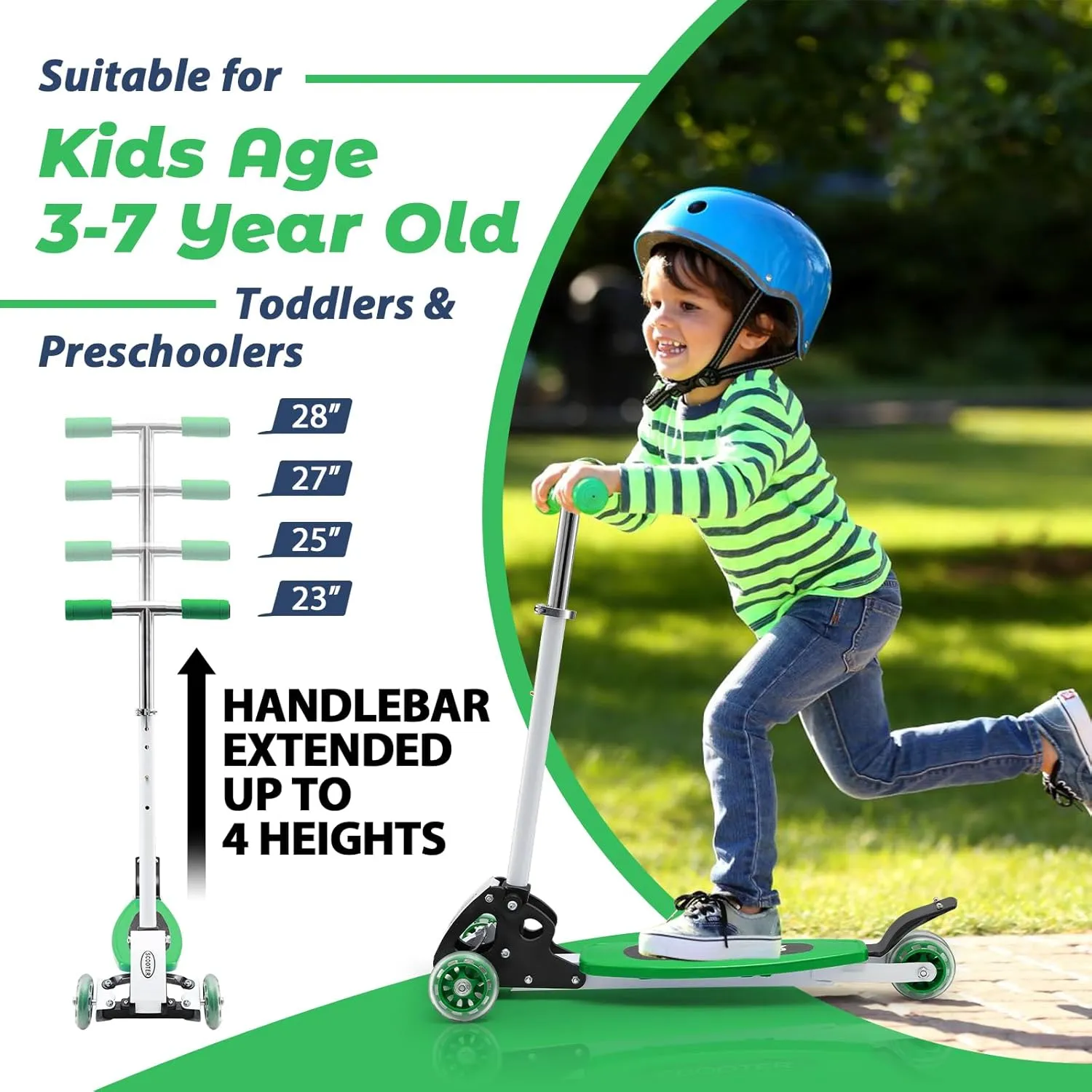 Toddler Scooter for Kids 3-5, 3 Wheel Scooters with 23"-28” Height Adjustable Handlebar, Wide Deck, Foldable Kick Scooter Birthday Gift Wrapping for Boy Girl Child Ages 2-7, Outdoor Toys