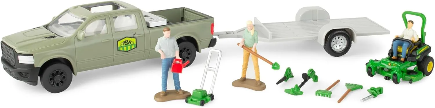 TOMY John Deere Lawn Care Toy Playset - 1:32 Scale - Garden Toys Includes Pick Up Truck Toy, 6 Gardening Tools, Lawn Mowers, and 3 Action Figures - John Deere Toys - 15 Piece - Ages 3 Years and Up