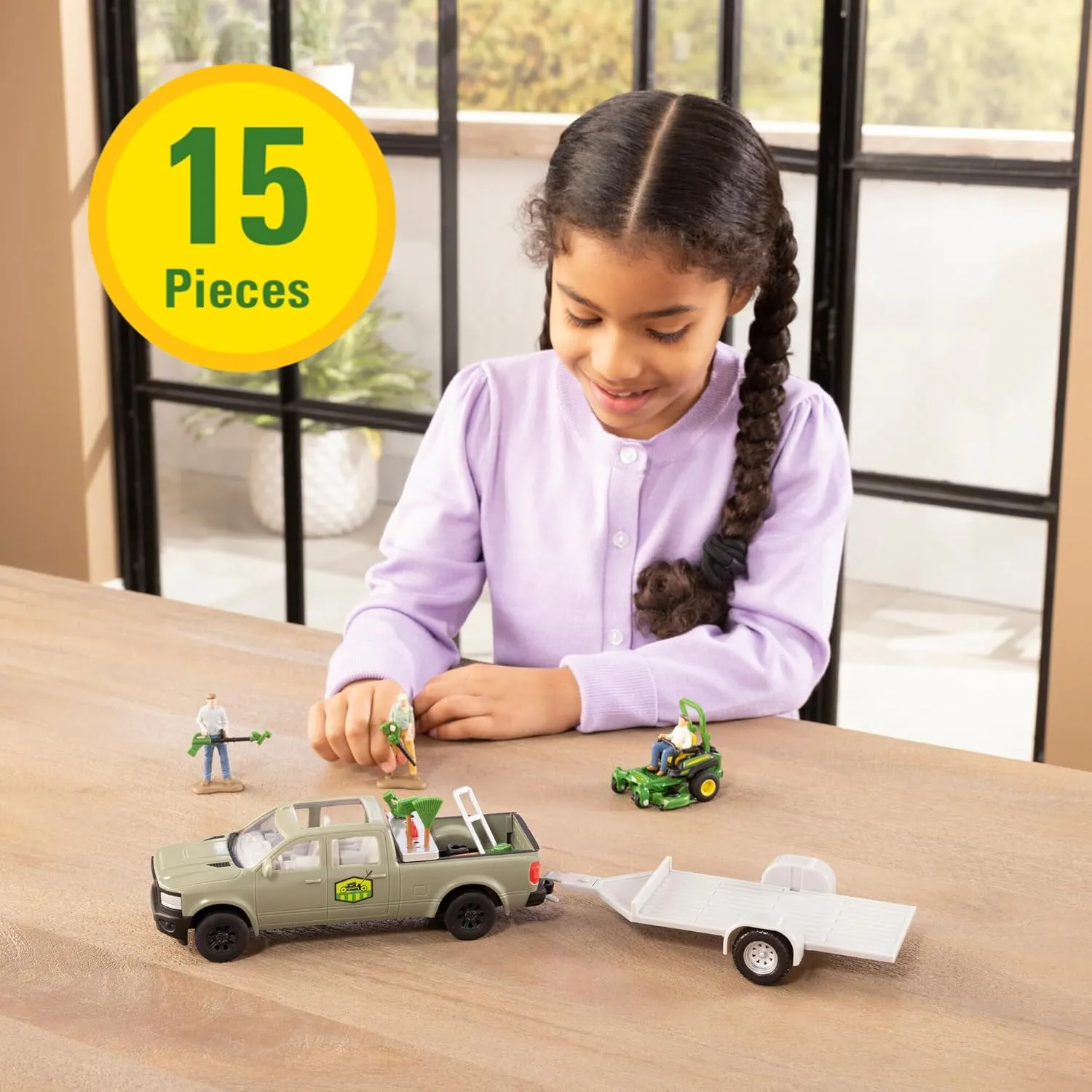 TOMY John Deere Lawn Care Toy Playset - 1:32 Scale - Garden Toys Includes Pick Up Truck Toy, 6 Gardening Tools, Lawn Mowers, and 3 Action Figures - John Deere Toys - 15 Piece - Ages 3 Years and Up