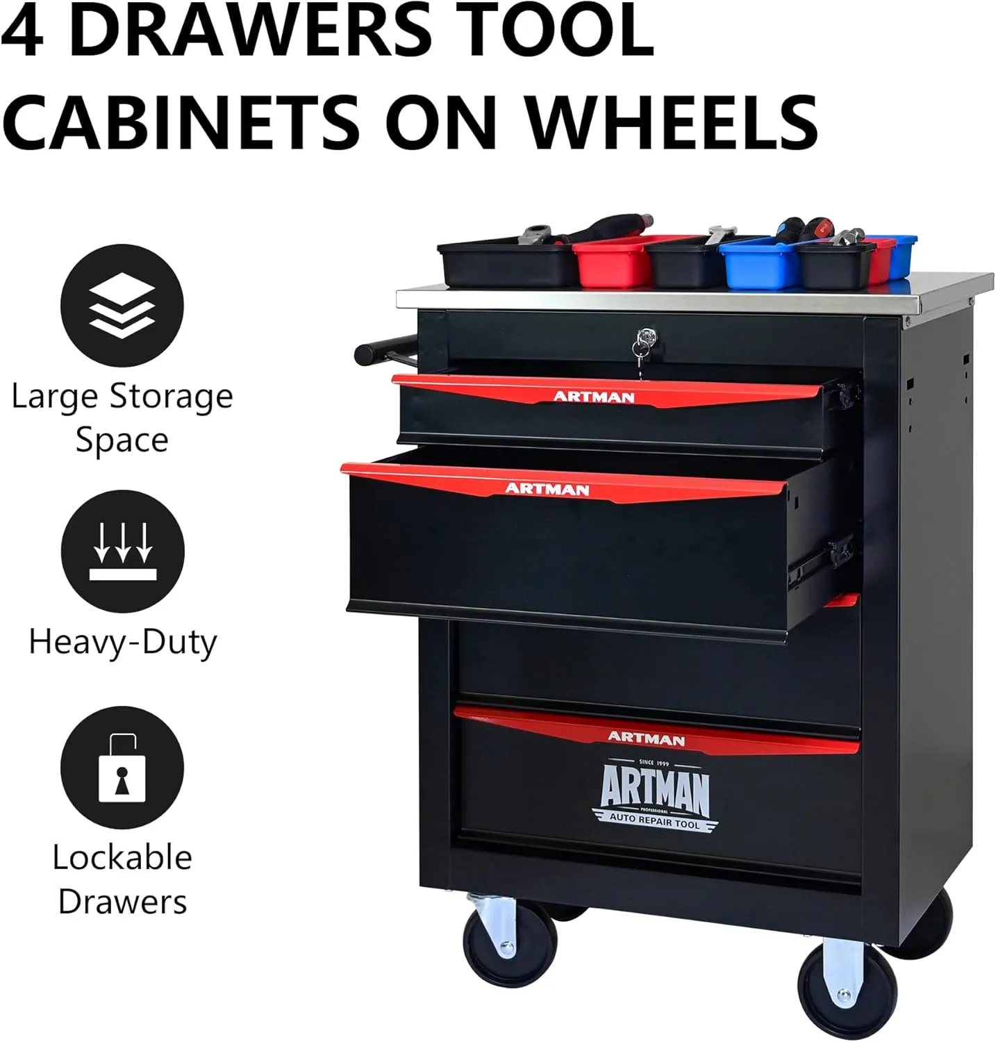 Tool Chest with Wheels 4 Drawers Rolling Tool Box, Metal Tool Cart with Extra 7 Tool Storage Boxes, Tool Chest Workbench Tool Storage Cabinet for Garage Workshop Warehouse Repair Shop