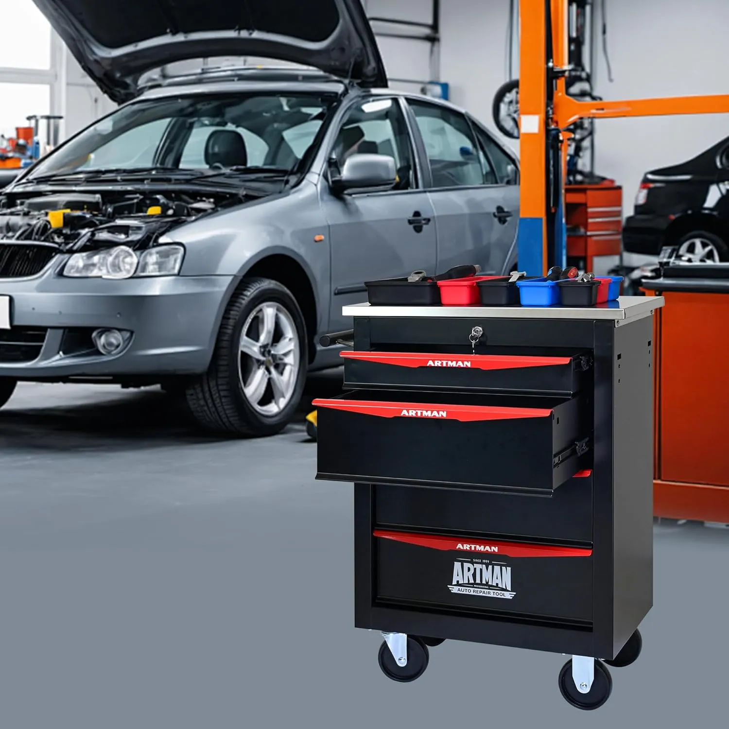 Tool Chest with Wheels 4 Drawers Rolling Tool Box, Metal Tool Cart with Extra 7 Tool Storage Boxes, Tool Chest Workbench Tool Storage Cabinet for Garage Workshop Warehouse Repair Shop