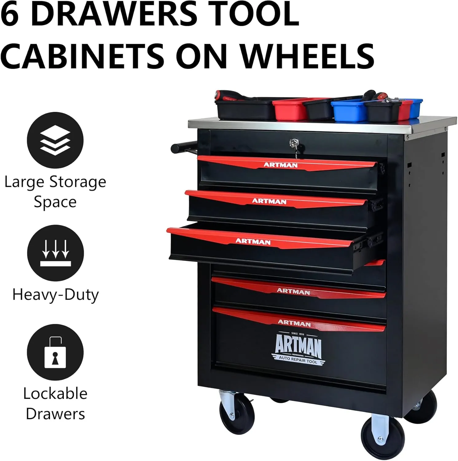 Tool Chest with Wheels 6 Drawers Rolling Tool Box, Metal Tool Cart with Extra 7 Tool Storage Boxes, Tool Chest Workbench Tool Storage Cabinet for Garage Workshop Warehouse Repair Shop