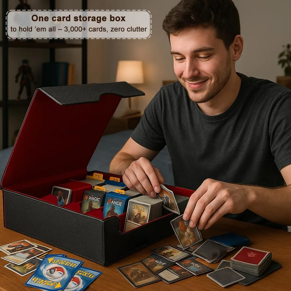 Trading Card Storage Box (3000  Cards Capacity) – Magnetic MTG Deck Box, Waterproof PU Leather, Thickened Material – Includes 24 Dividers, 4 Card Stands, 6 Cleaning Cloths – Card Box for TCG & YuGiOh