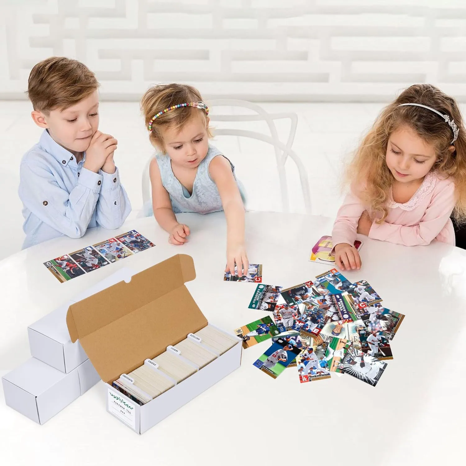 Trading Card Storage Box with Dividers, Cardboard Cards Organizer Box for Baseball, Sports, Game, Playing Card Collection, pack of 6, White&Brown