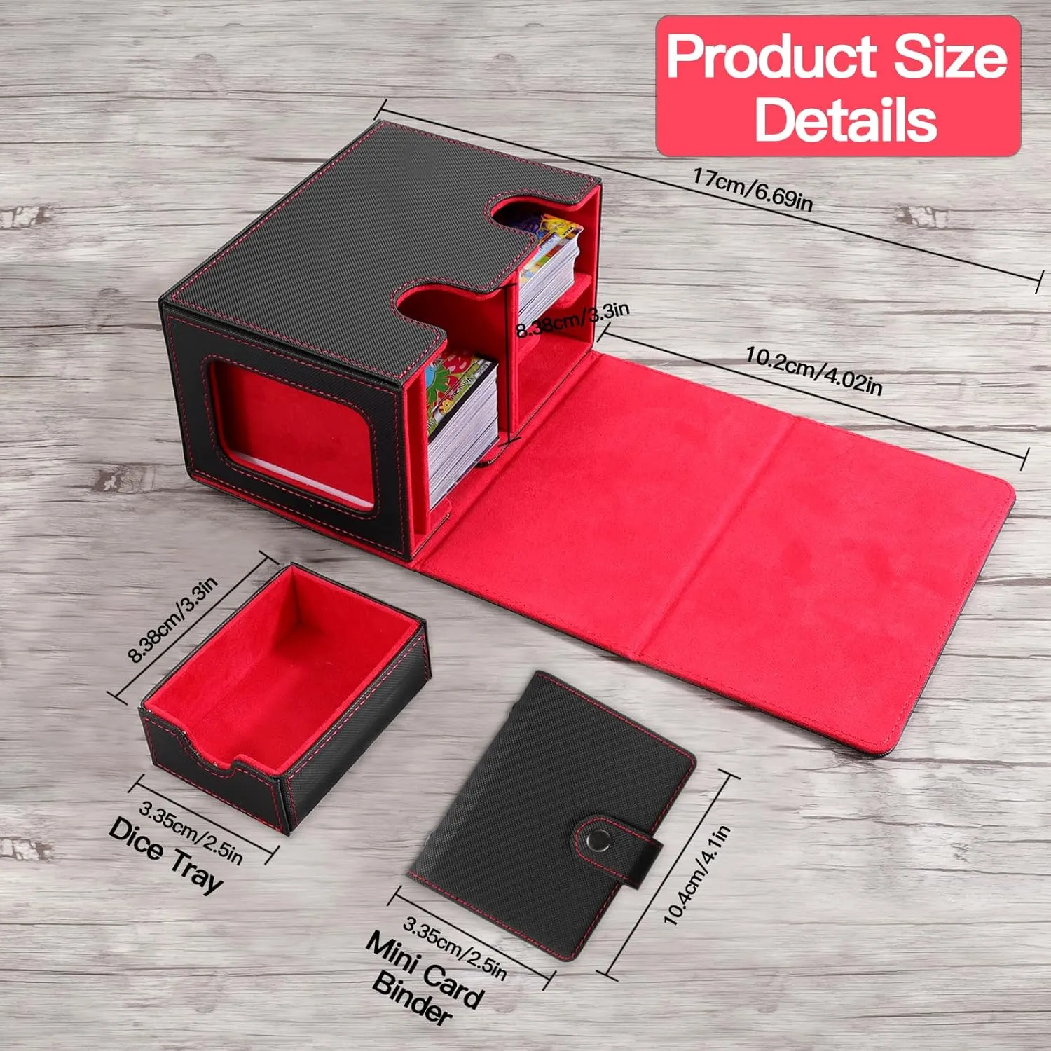 Trading Card Storage Box with Viewing Windows, Leather Magnetic Storage Box for YuGiOh, MTG and Sport Cards (Black Red for small)