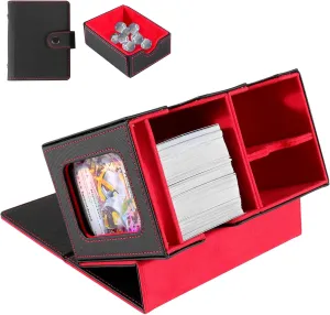 Trading Card Storage Box with Viewing Windows, Leather Magnetic Storage Box for YuGiOh, MTG and Sport Cards (Black Red for small)