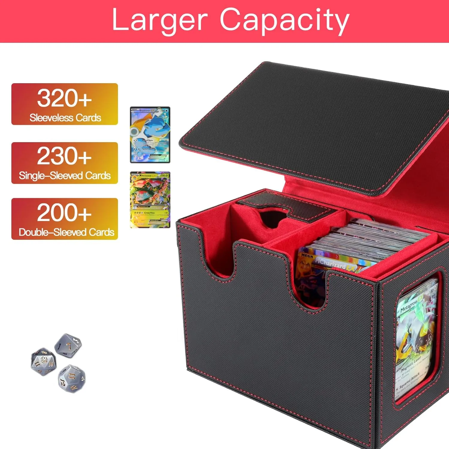 Trading Card Storage Box with Viewing Windows, Leather Magnetic Storage Box for YuGiOh, MTG and Sport Cards (Black Red for small)