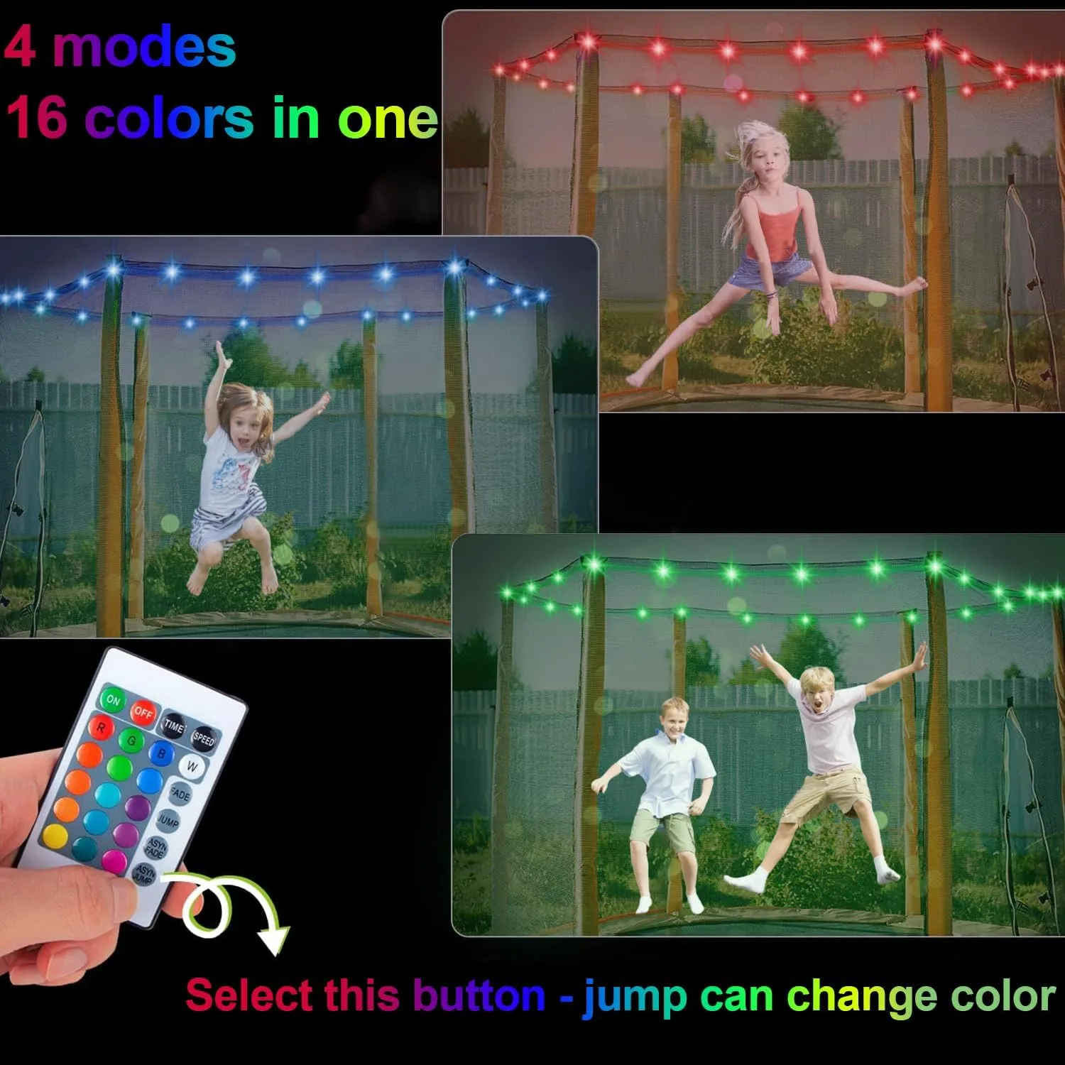 Trampoline LED Lights, 16 Color Change, Waterproof Battery Powered, Suitable for 12ft, 14ft, 15ft, 16ft Trampolines, Remote Control or Jump Control