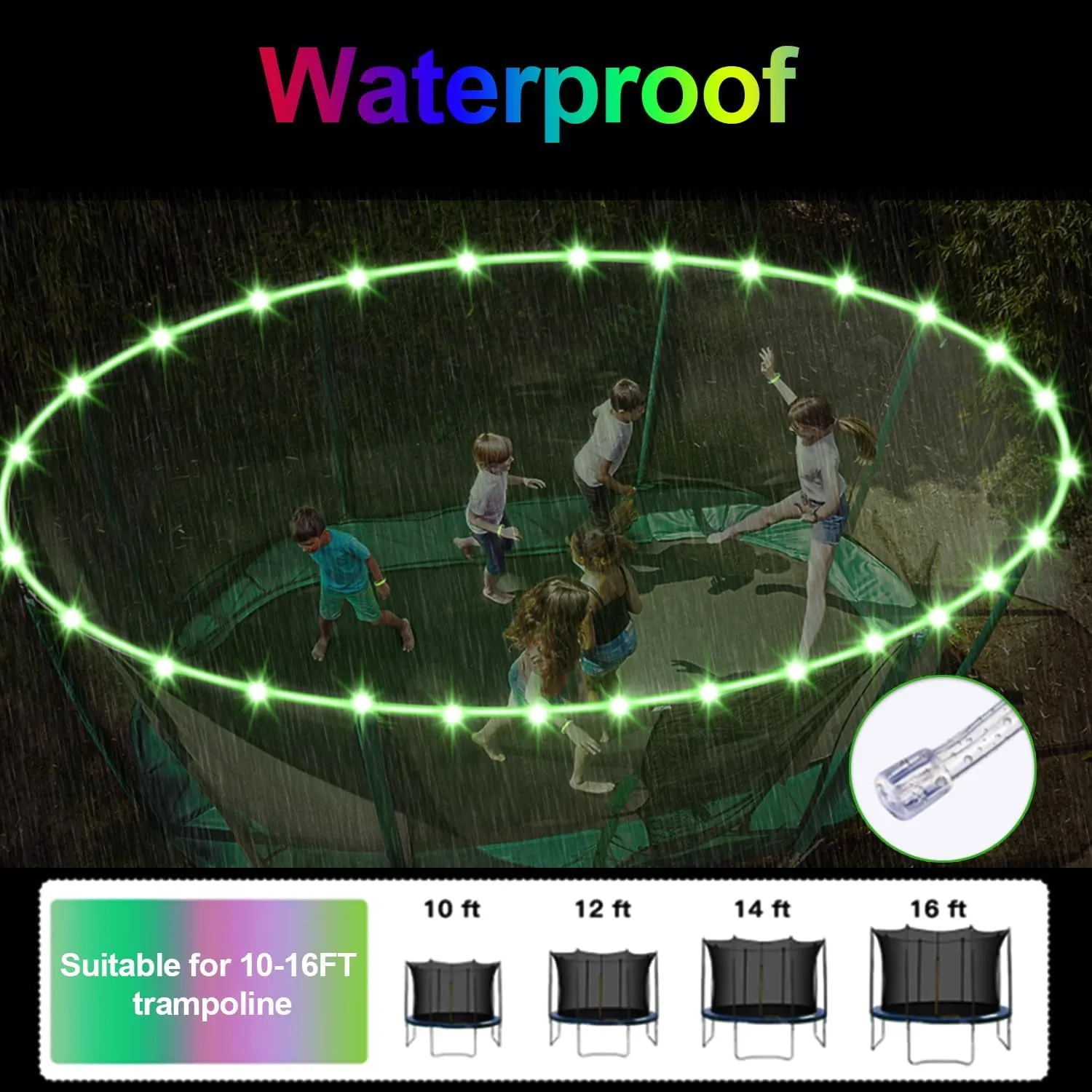 Trampoline LED Lights, 16 Color Change, Waterproof Battery Powered, Suitable for 12ft, 14ft, 15ft, 16ft Trampolines, Remote Control or Jump Control