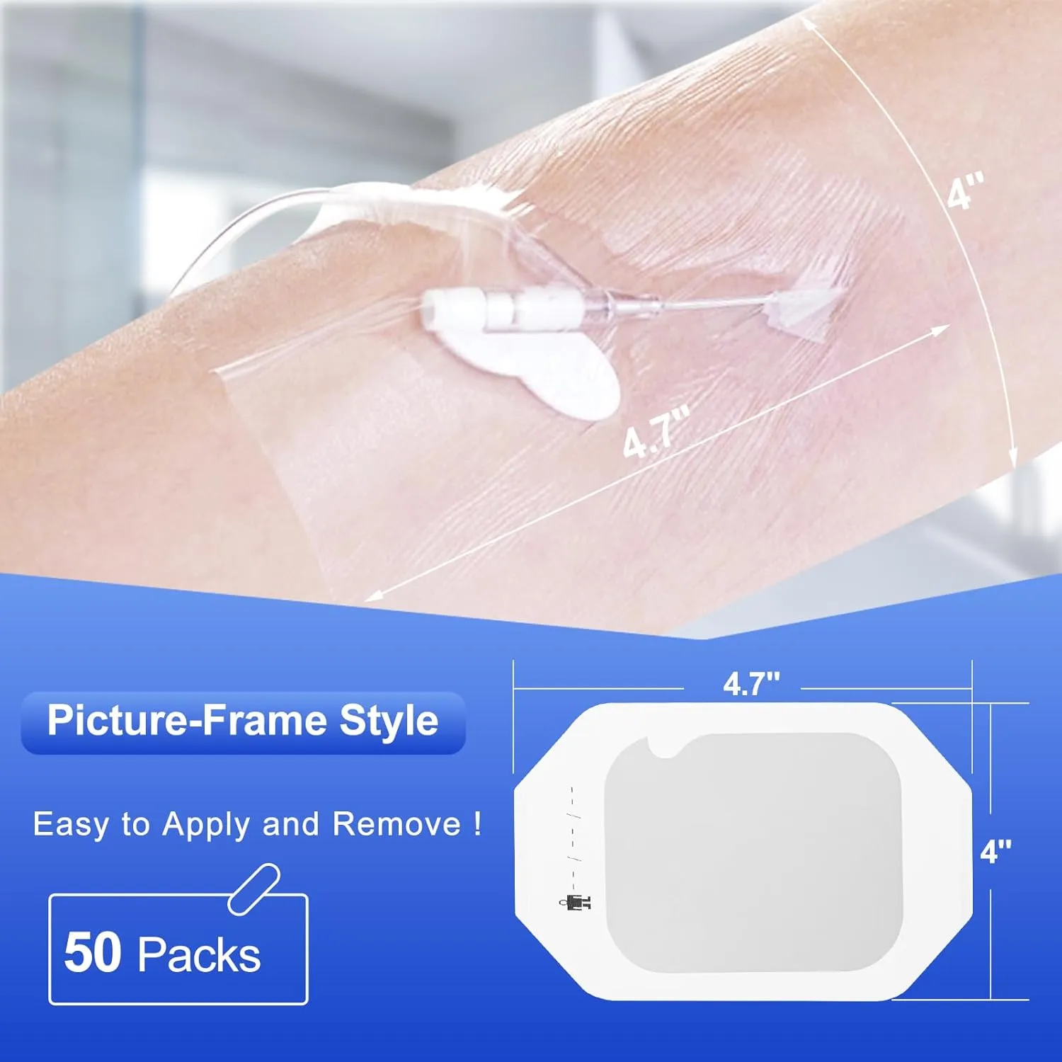 Transparent Film Dressing 50 Packs-Clear Bandages for Wounds 4" x 4.7", Waterproof Adhesive Wound Cover Bandages for Post Surgical Shower or IV Shield, Scar Therapy, Tattoo Dressings